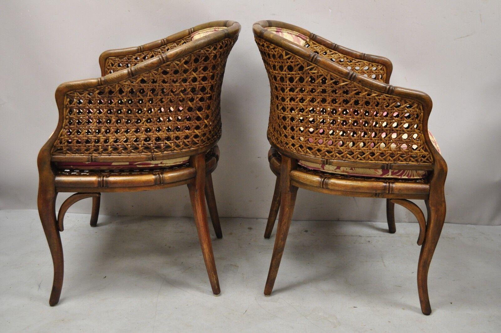 Pair Vtg Hollywood Regency Faux Bamboo Cane Barrel Back Club Lounge Chairs 'B' 4