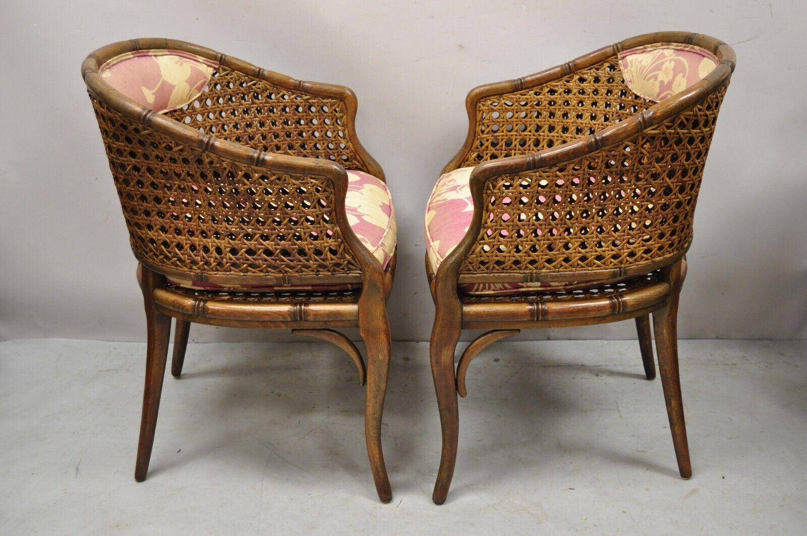 Pair Vtg Hollywood Regency Faux Bamboo Cane Barrel Back Club Lounge Chairs 'B' 5