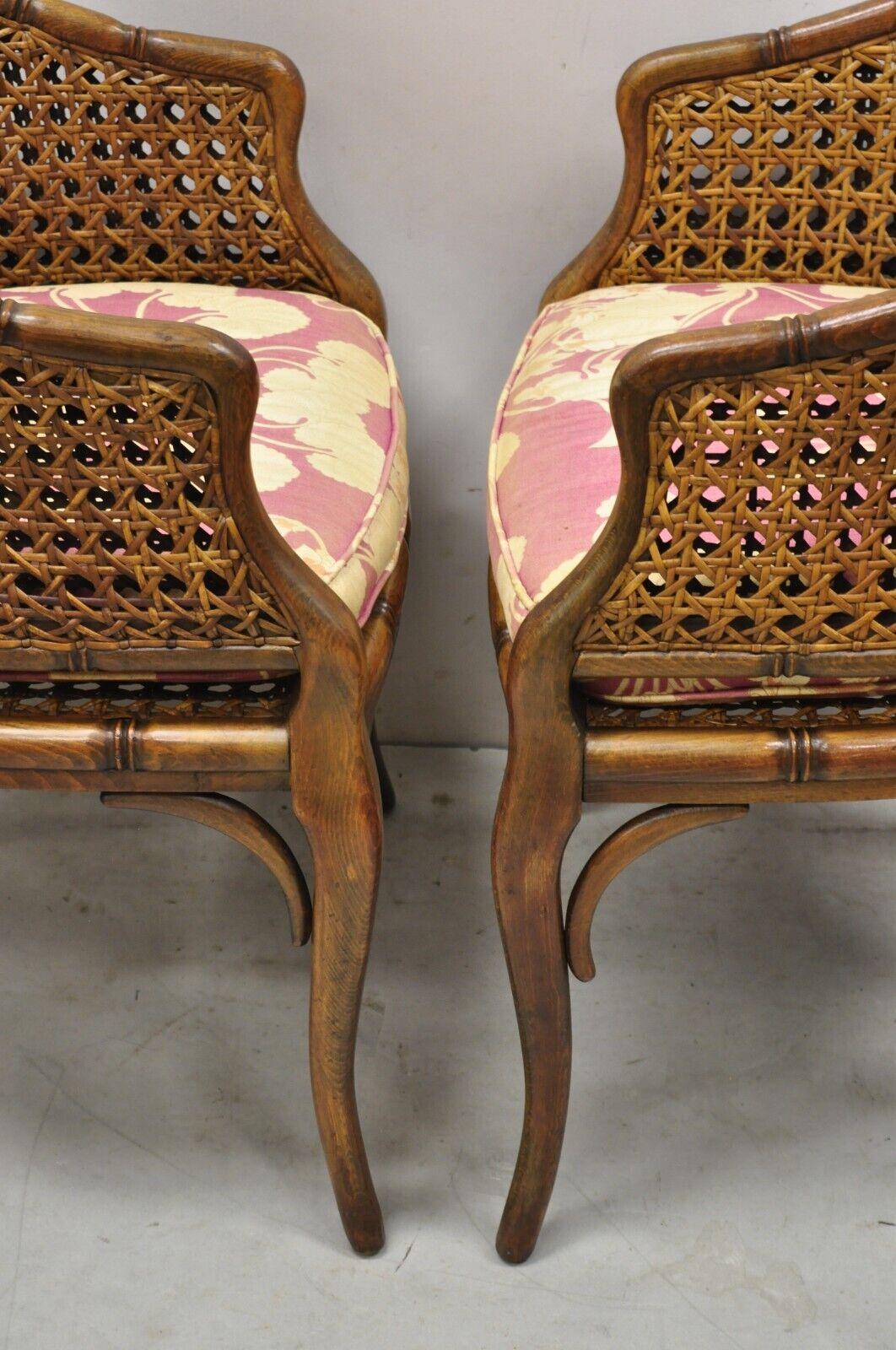 Caning Pair Vtg Hollywood Regency Faux Bamboo Cane Barrel Back Club Lounge Chairs 'B'