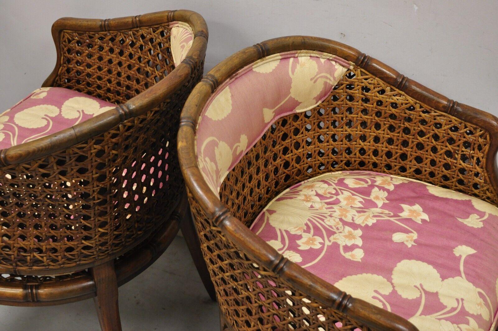 Pair Vtg Hollywood Regency Faux Bamboo Cane Barrel Back Club Lounge Chairs 'B' 2