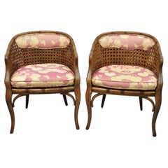 Pair Vtg Hollywood Regency Faux Bamboo Cane Barrel Back Club Lounge Chairs 'B'