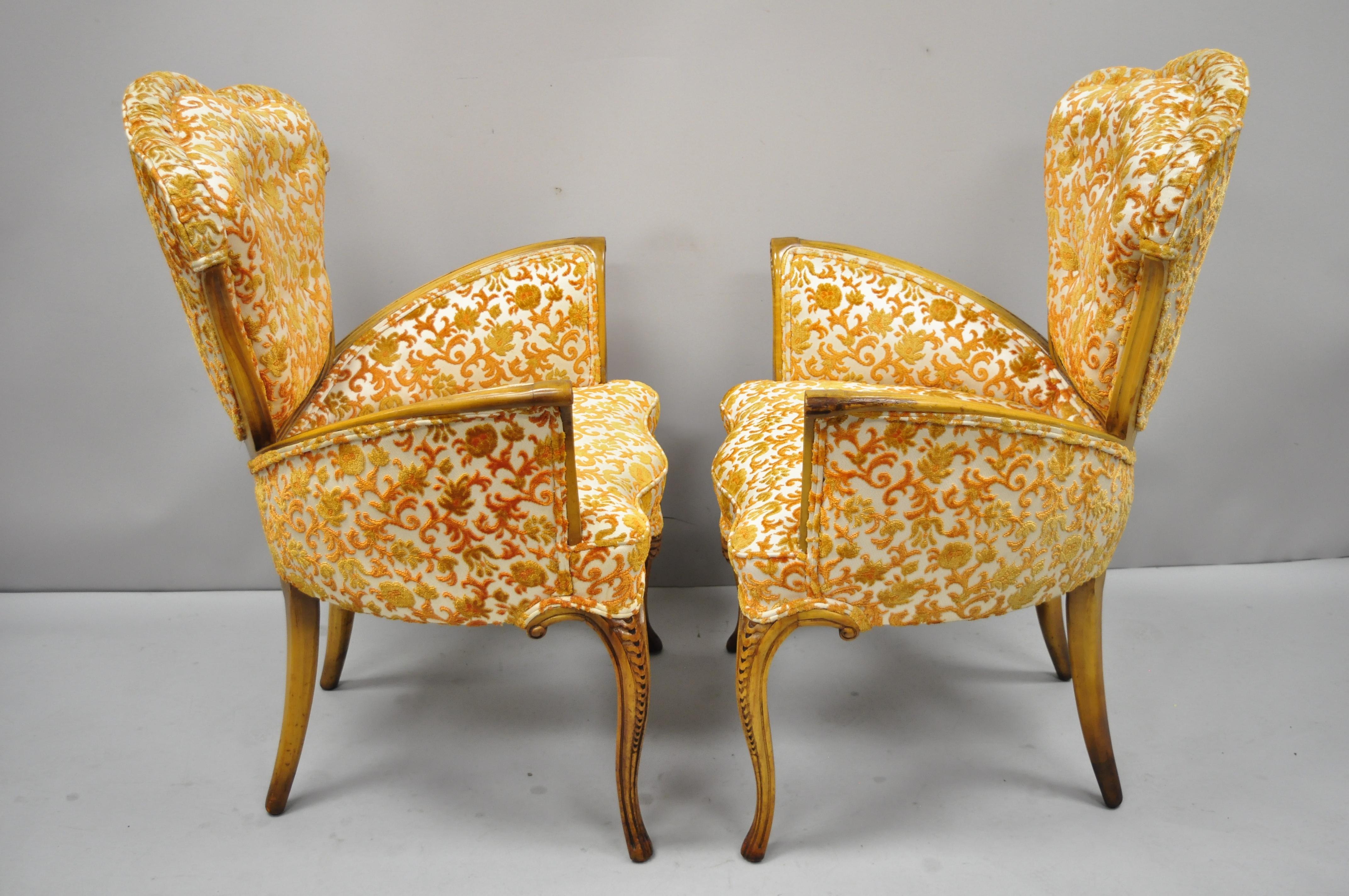 Pair of Hollywood Regency French Style Orange Fabric Fireside Lounge Arm Chairs 5