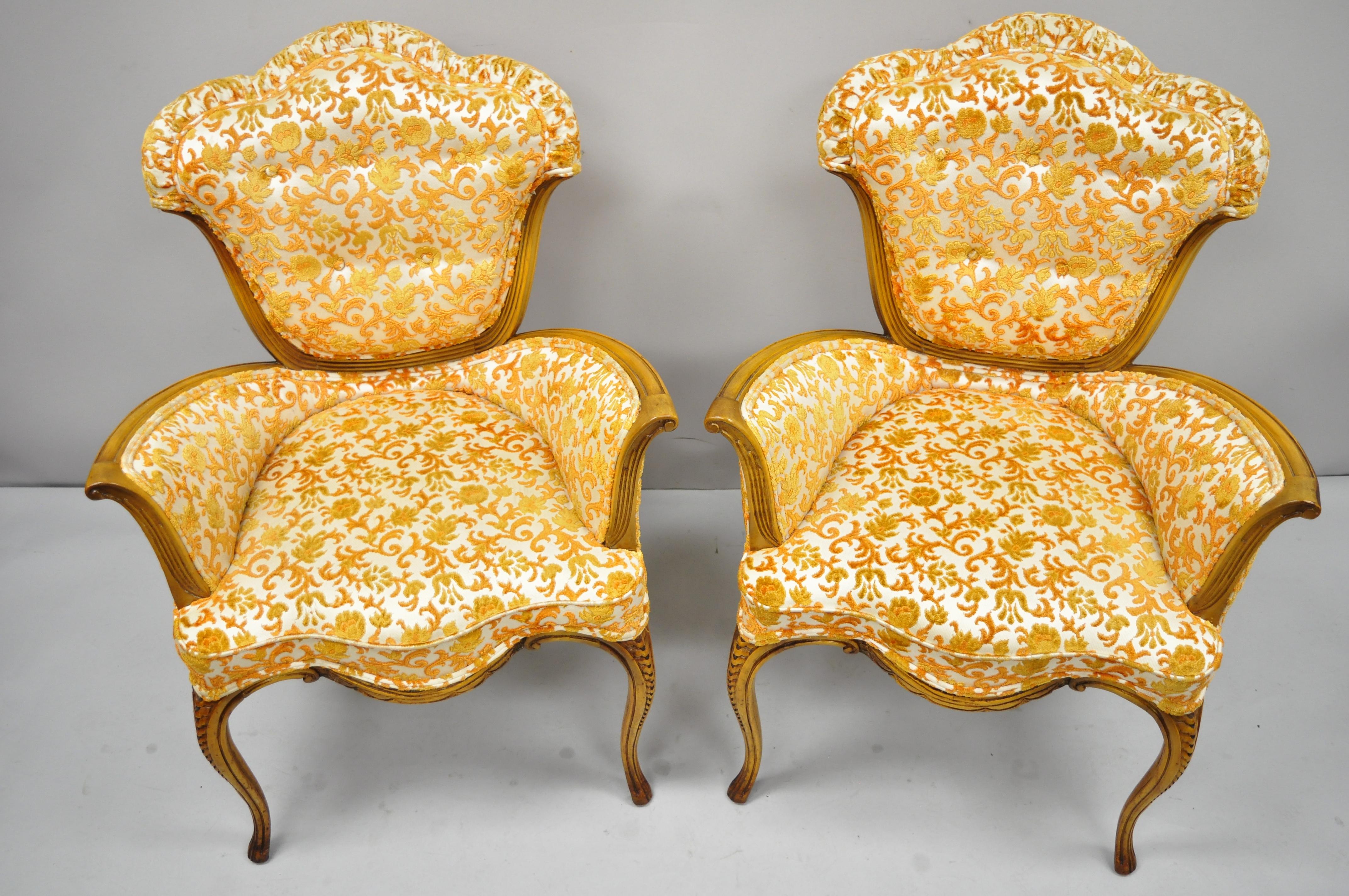 Pair of Hollywood Regency French Style Orange Fabric Fireside Lounge Arm Chairs 6