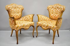 Pair of Hollywood Regency French Style Orange Fabric Fireside Lounge Arm Chairs