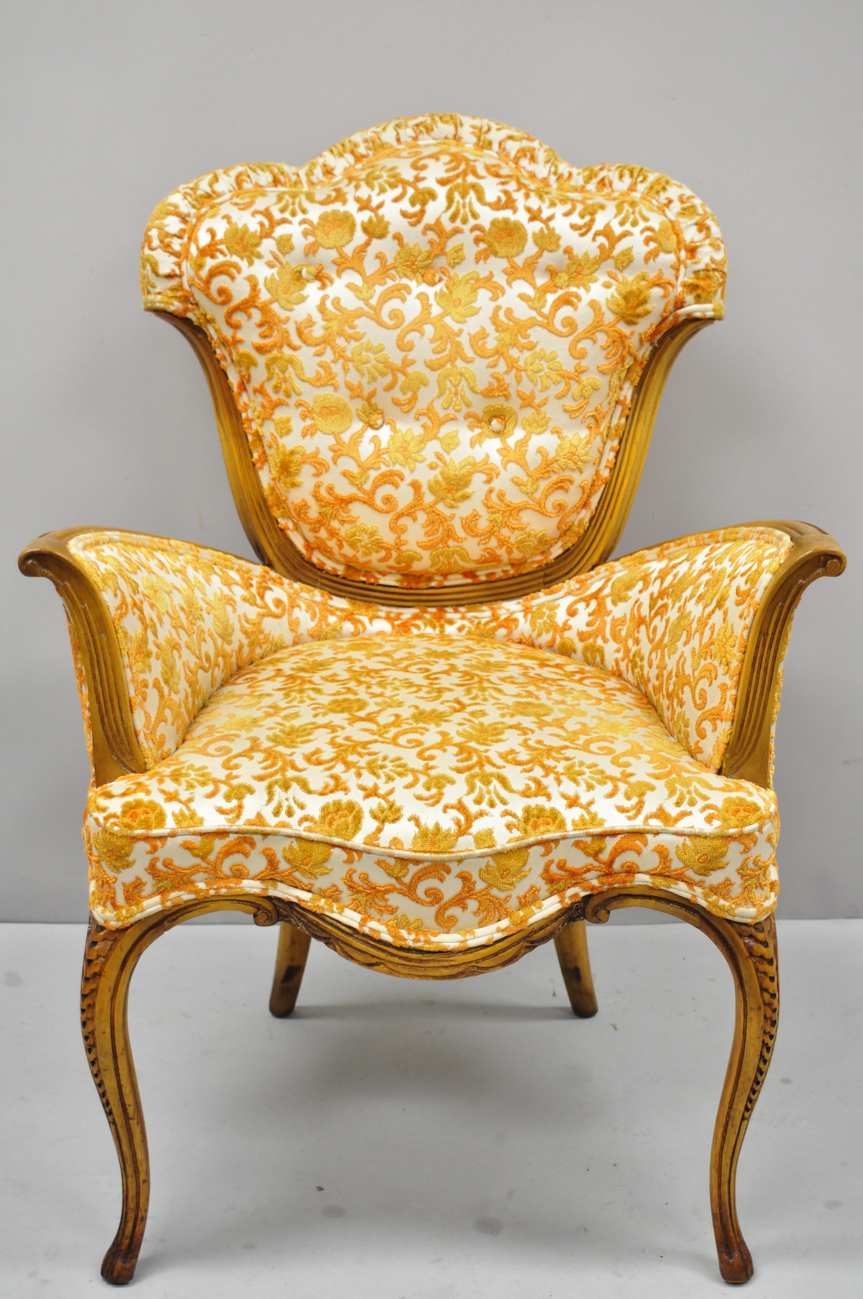 Louis XV Pair of Hollywood Regency French Style Orange Fabric Fireside Lounge Arm Chairs
