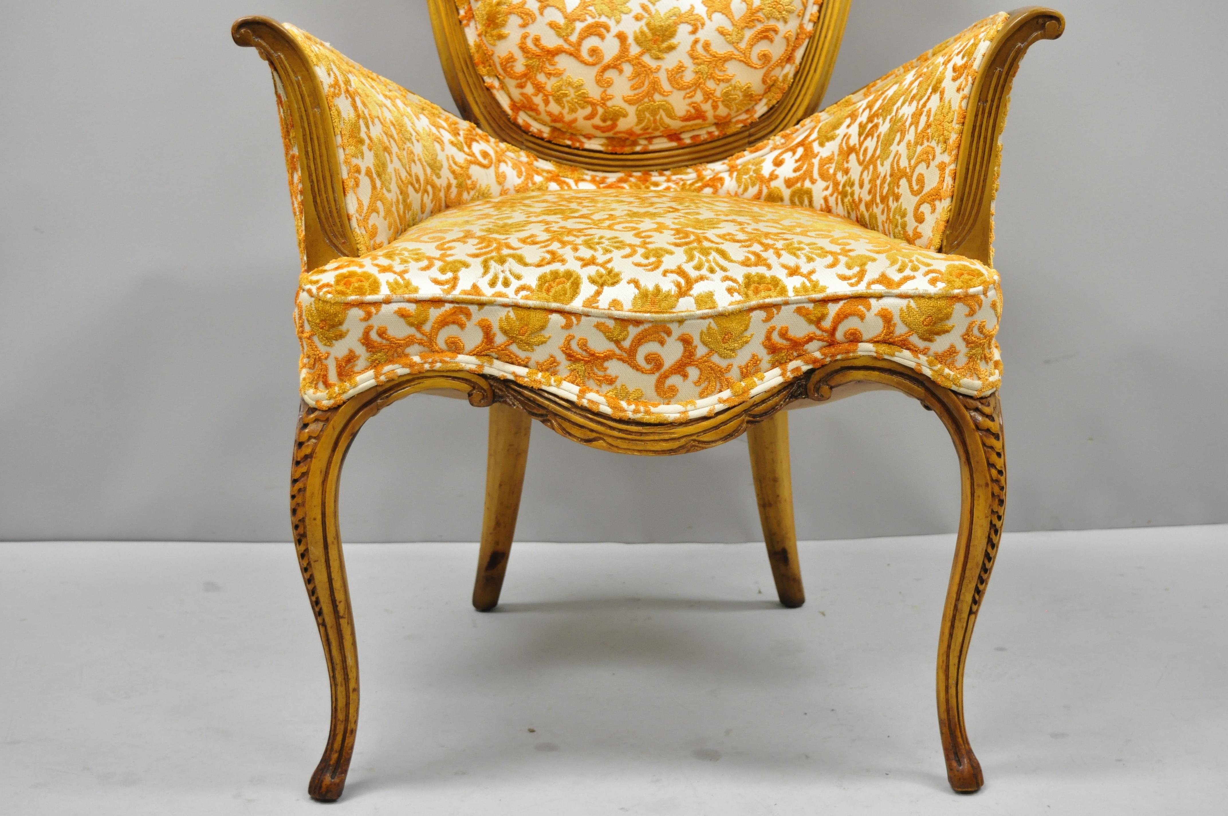 American Pair of Hollywood Regency French Style Orange Fabric Fireside Lounge Arm Chairs
