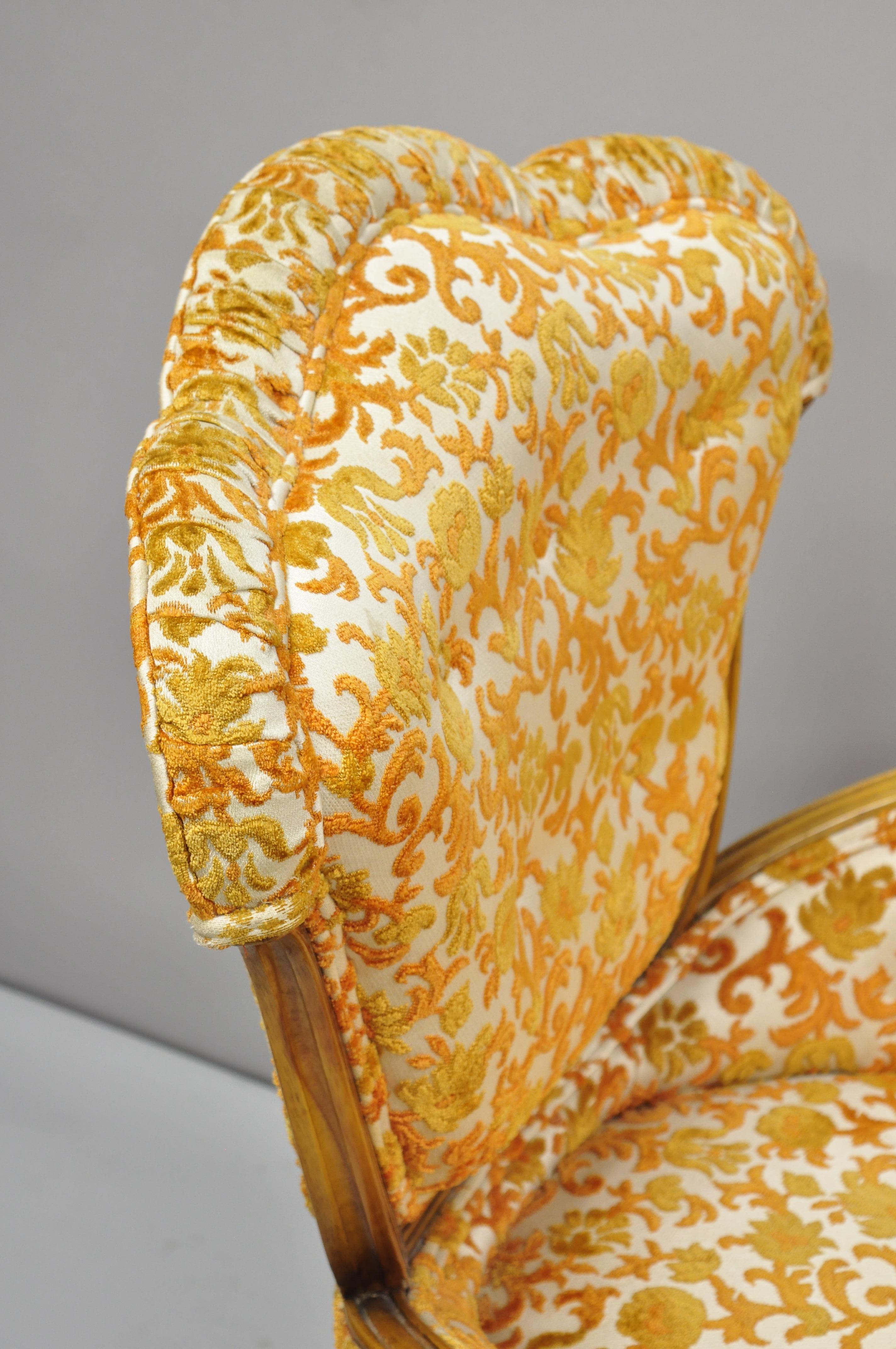 Pair of Hollywood Regency French Style Orange Fabric Fireside Lounge Arm Chairs In Good Condition In Philadelphia, PA