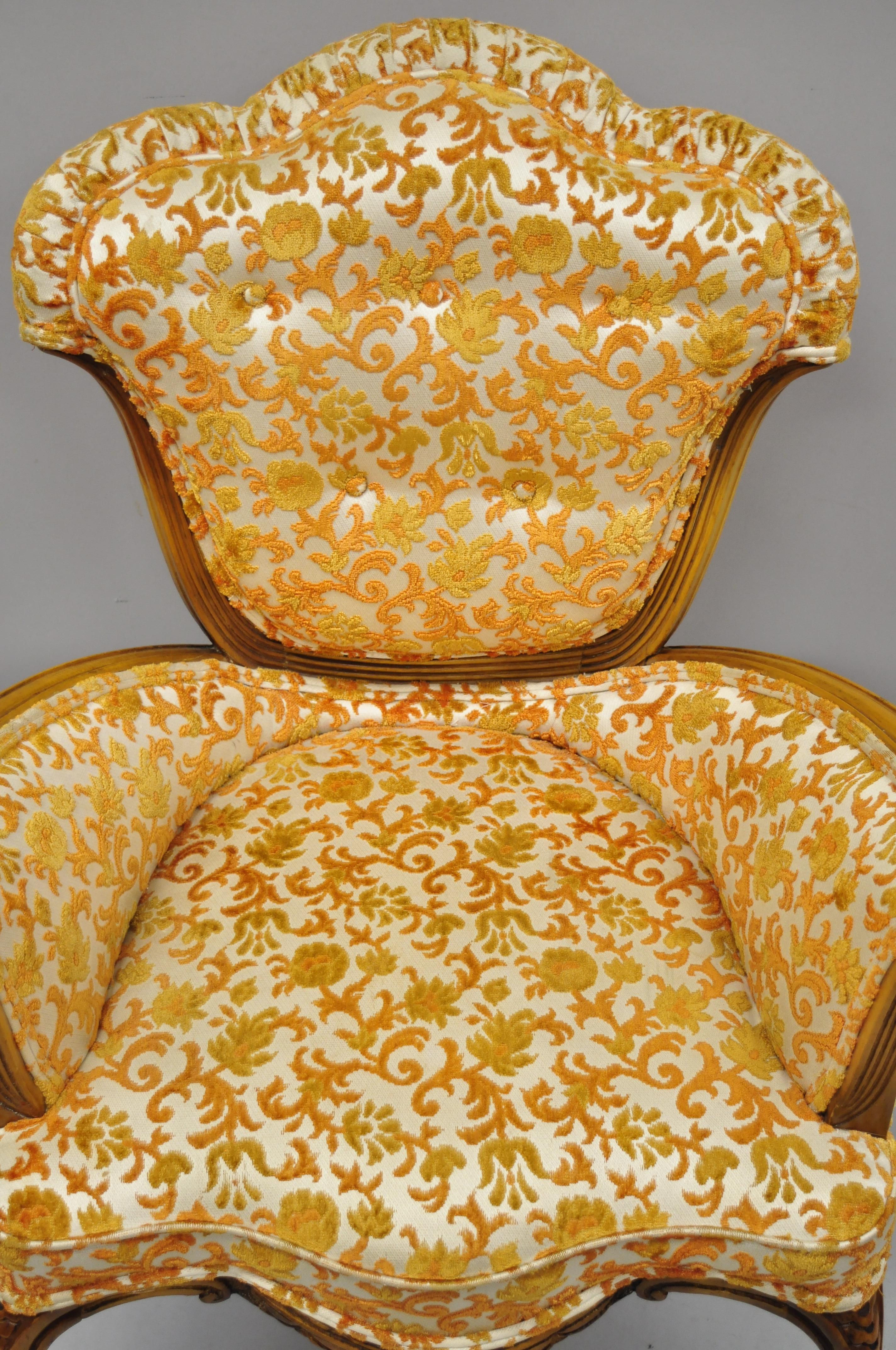 Mid-20th Century Pair of Hollywood Regency French Style Orange Fabric Fireside Lounge Arm Chairs