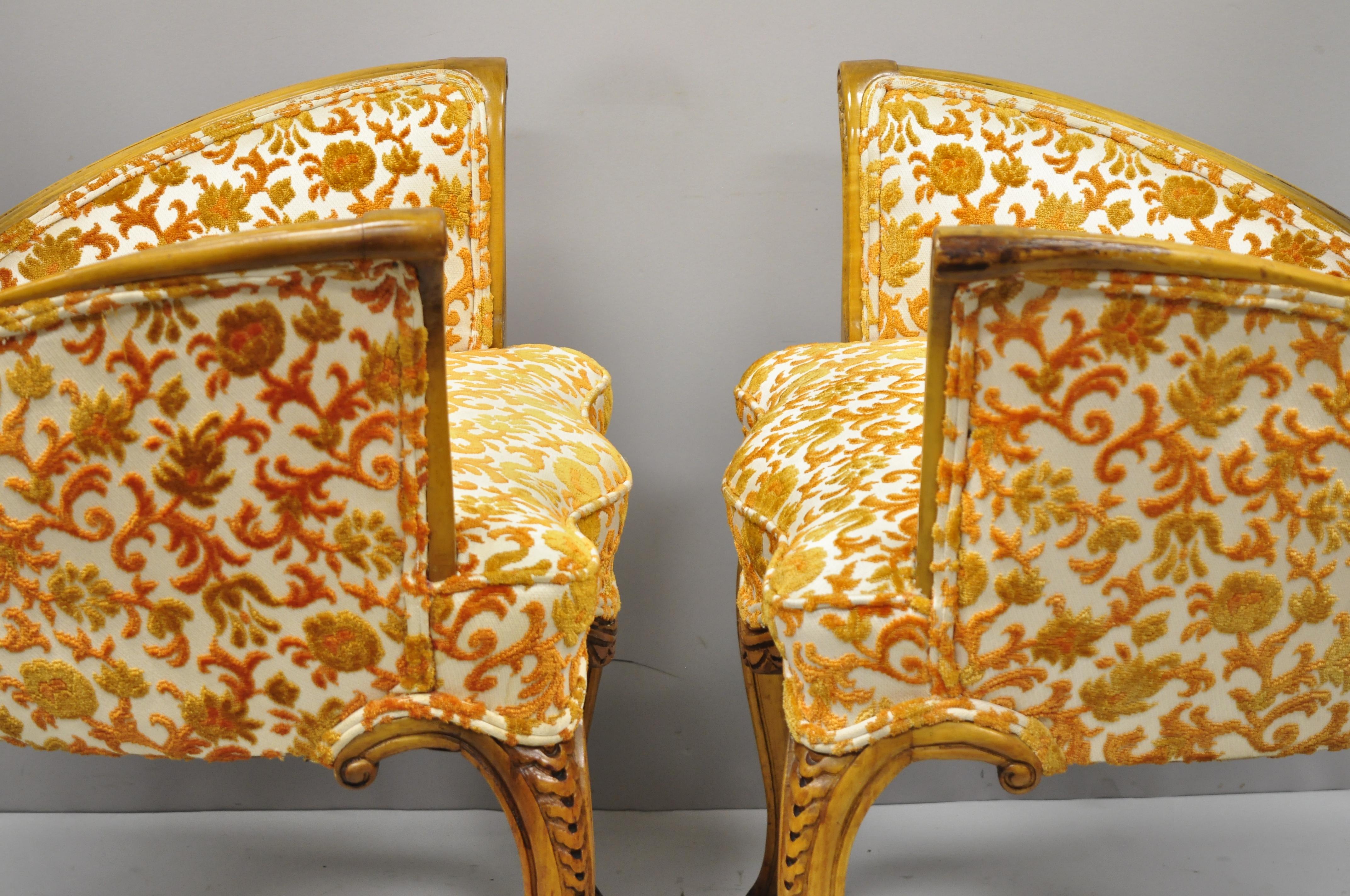 Pair of Hollywood Regency French Style Orange Fabric Fireside Lounge Arm Chairs 2