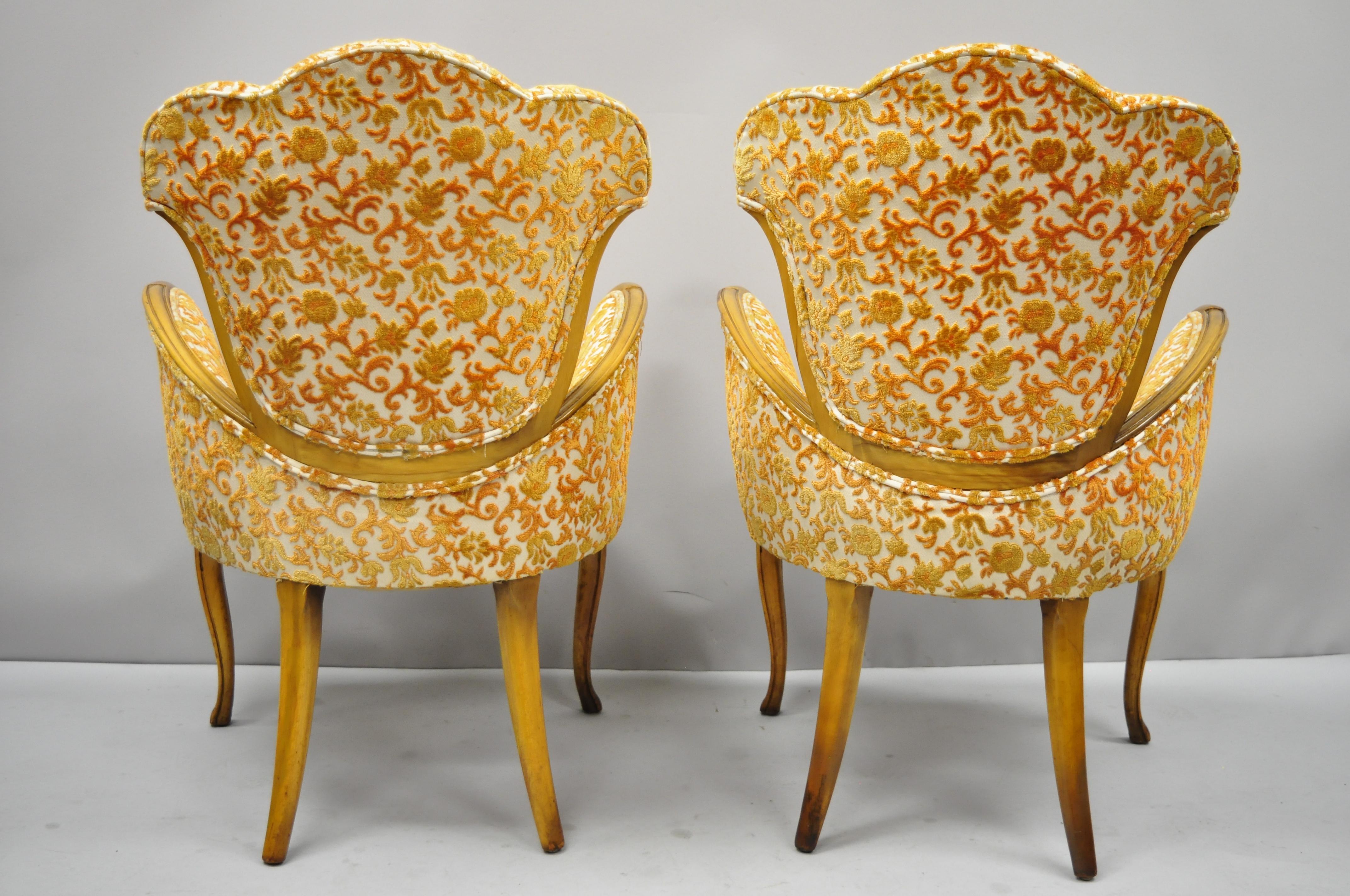 Pair of Hollywood Regency French Style Orange Fabric Fireside Lounge Arm Chairs 3