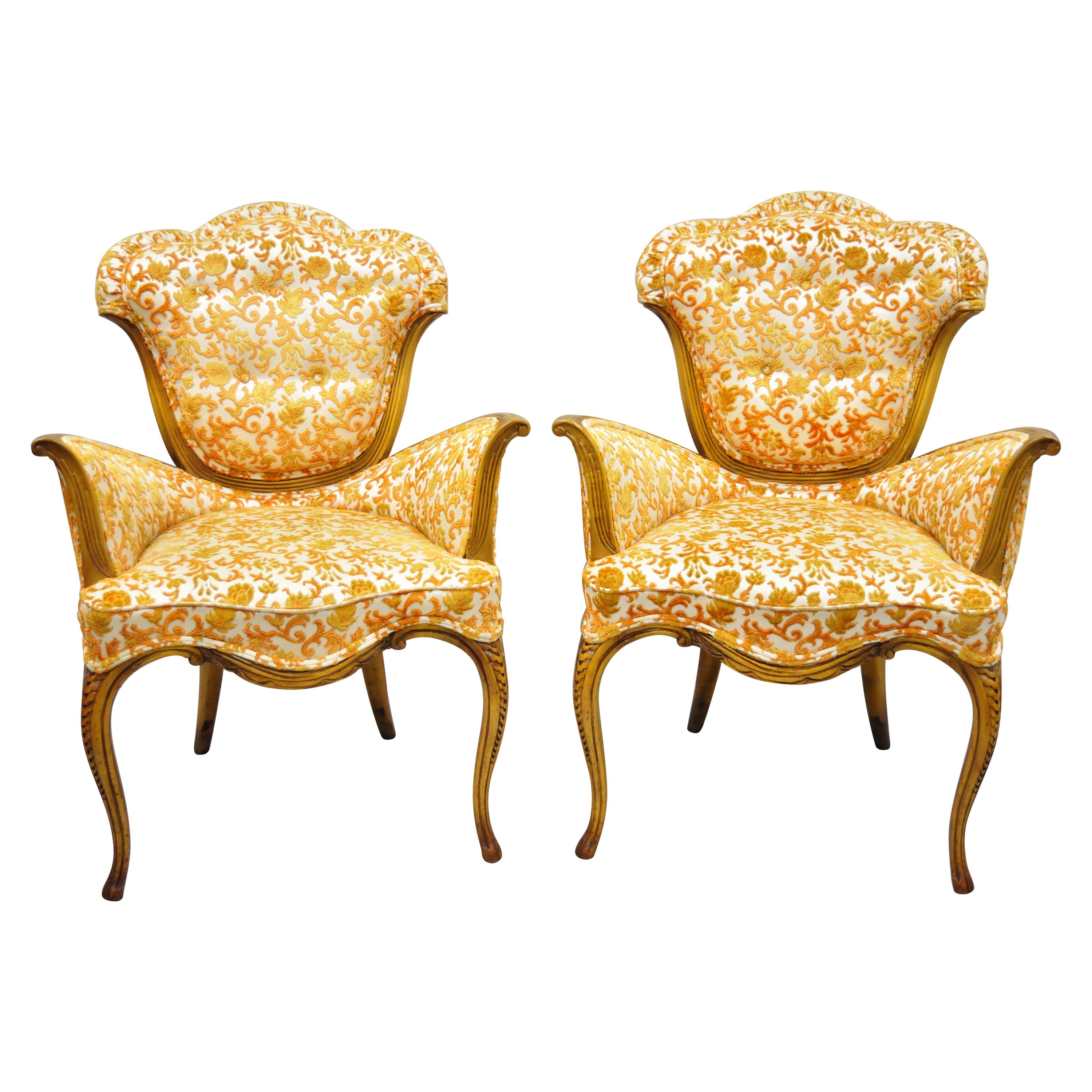 Pair of Hollywood Regency French Style Orange Fabric Fireside Lounge Arm Chairs