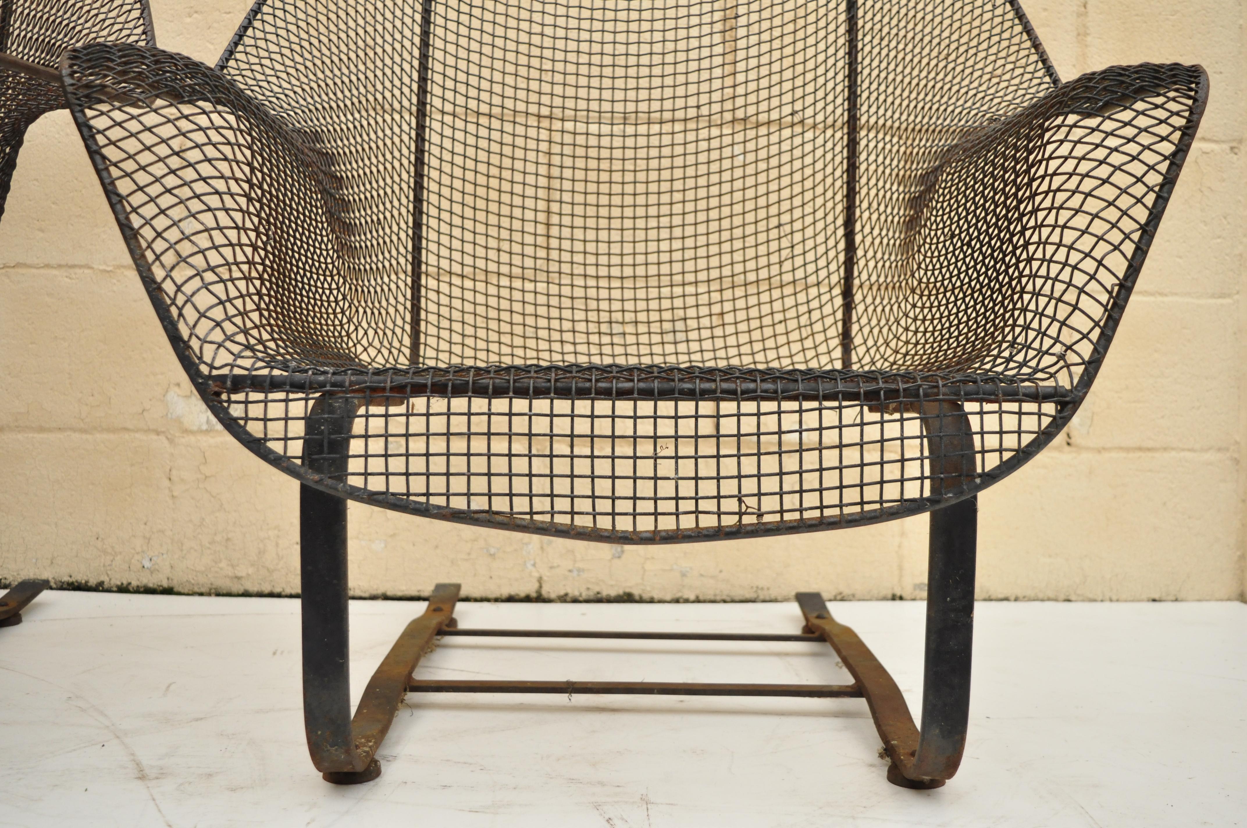 American Pair of Russell Woodard Sculptura Metal Mesh Wrought Iron Bouncer Lounge Chairs