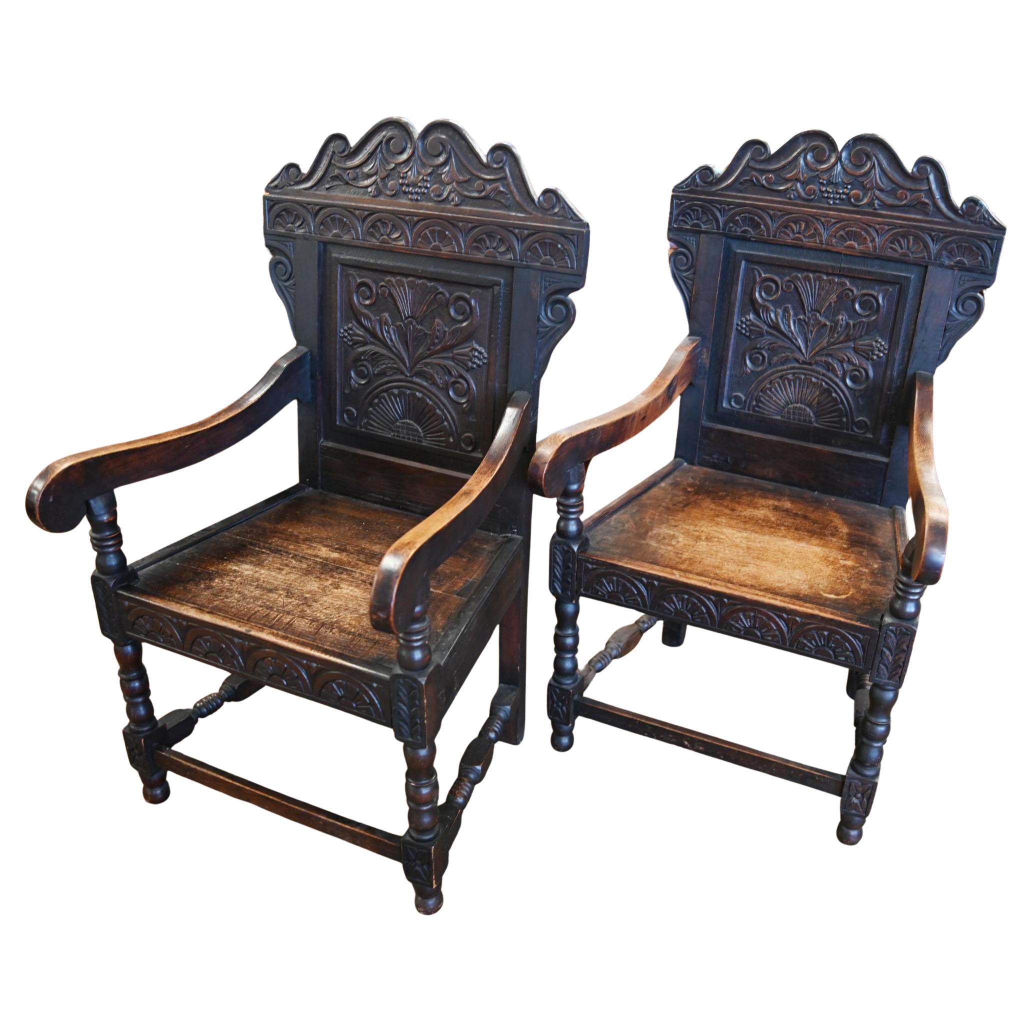 Pair Wainscot Chairs Carved Oak Victorian 1840