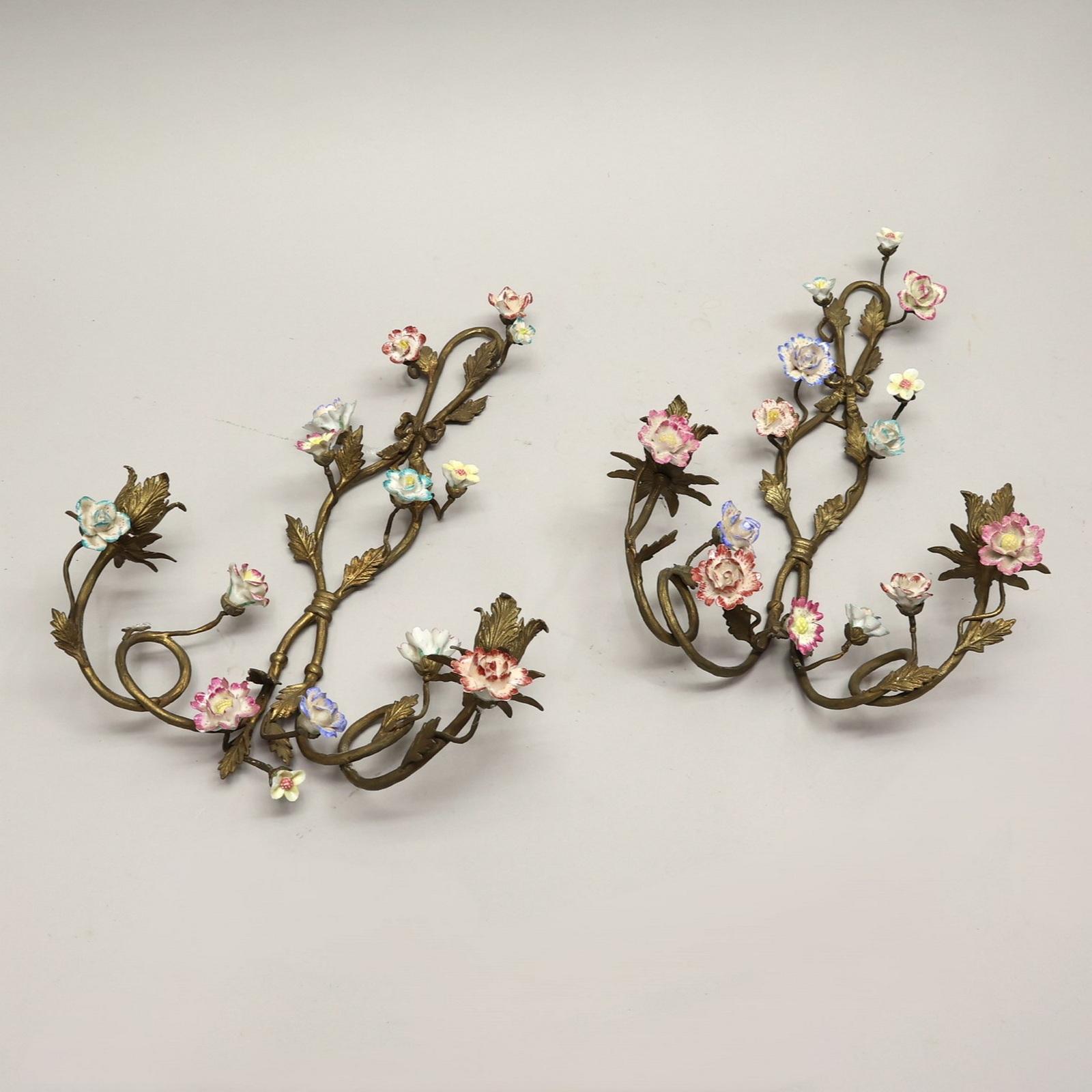 Pair Wall Appliques, Wall Sconces, Bronze and Porcelain Flowers, France 1900s For Sale 5