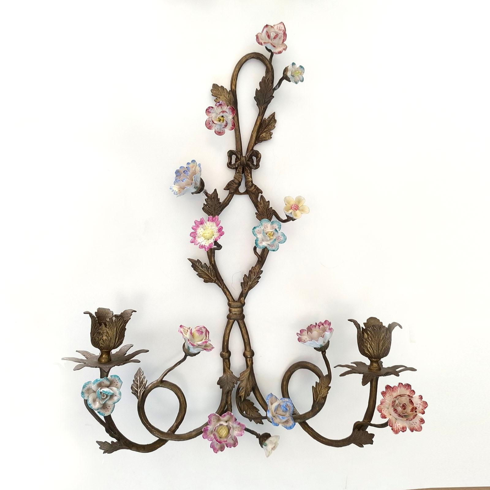 French Pair Wall Appliques, Wall Sconces, Bronze and Porcelain Flowers, France 1900s For Sale