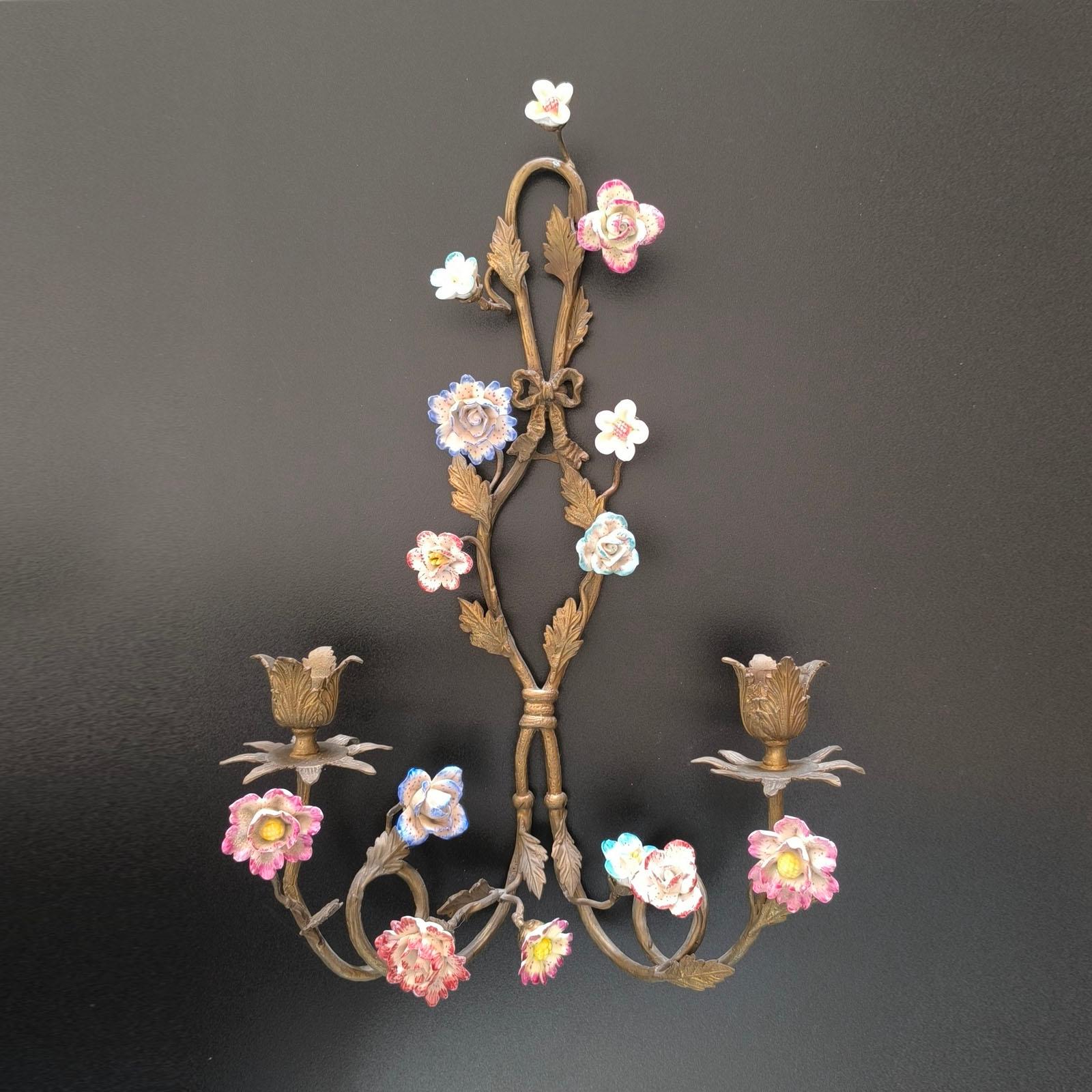Pair Wall Appliques, Wall Sconces, Bronze and Porcelain Flowers, France 1900s For Sale 3