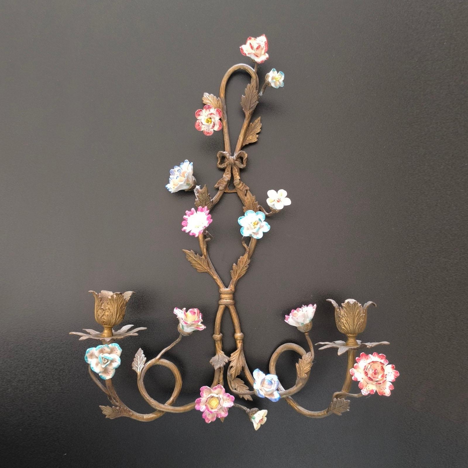 Pair Wall Appliques, Wall Sconces, Bronze and Porcelain Flowers, France 1900s For Sale 4