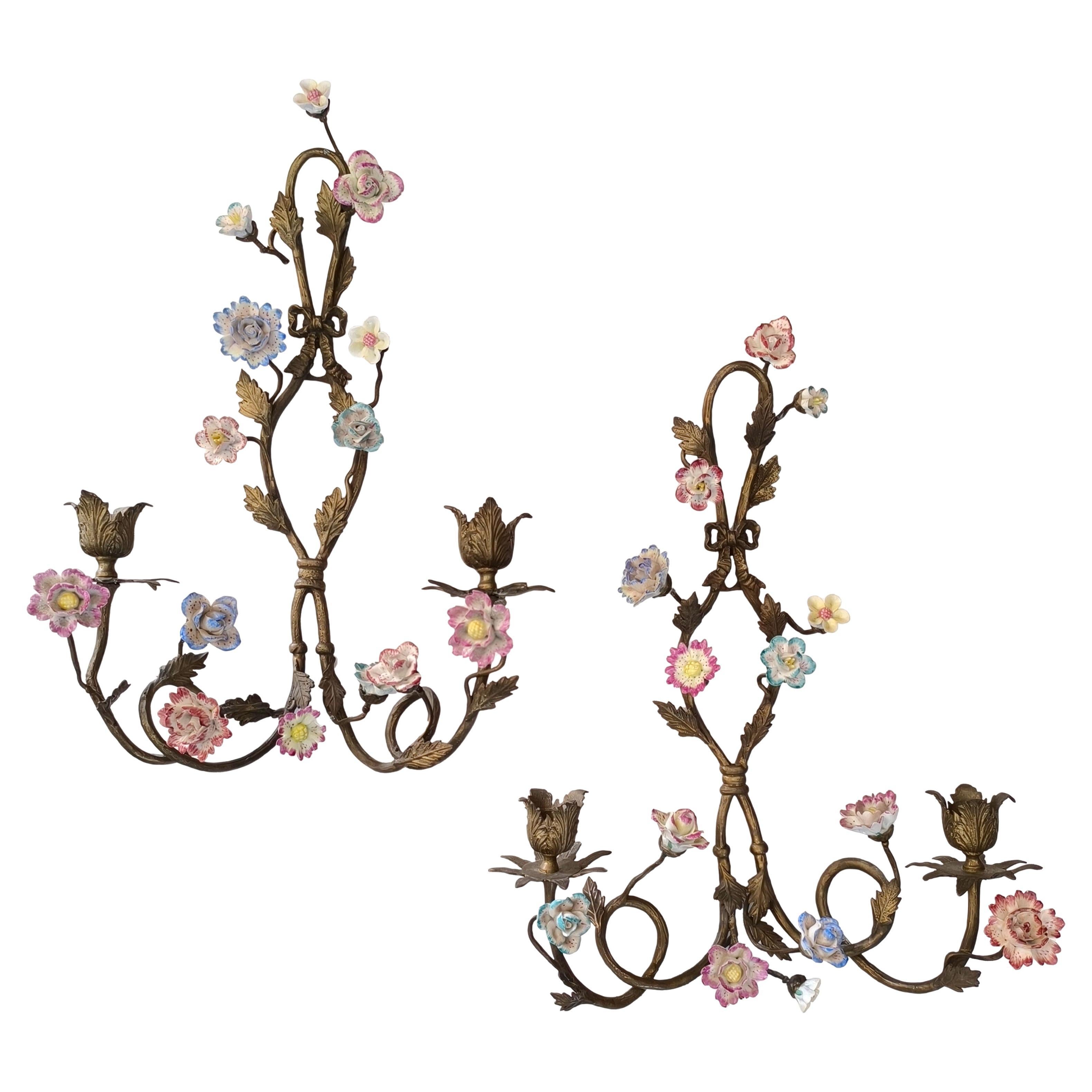 Pair Wall Appliques, Wall Sconces, Bronze and Porcelain Flowers, France 1900s For Sale