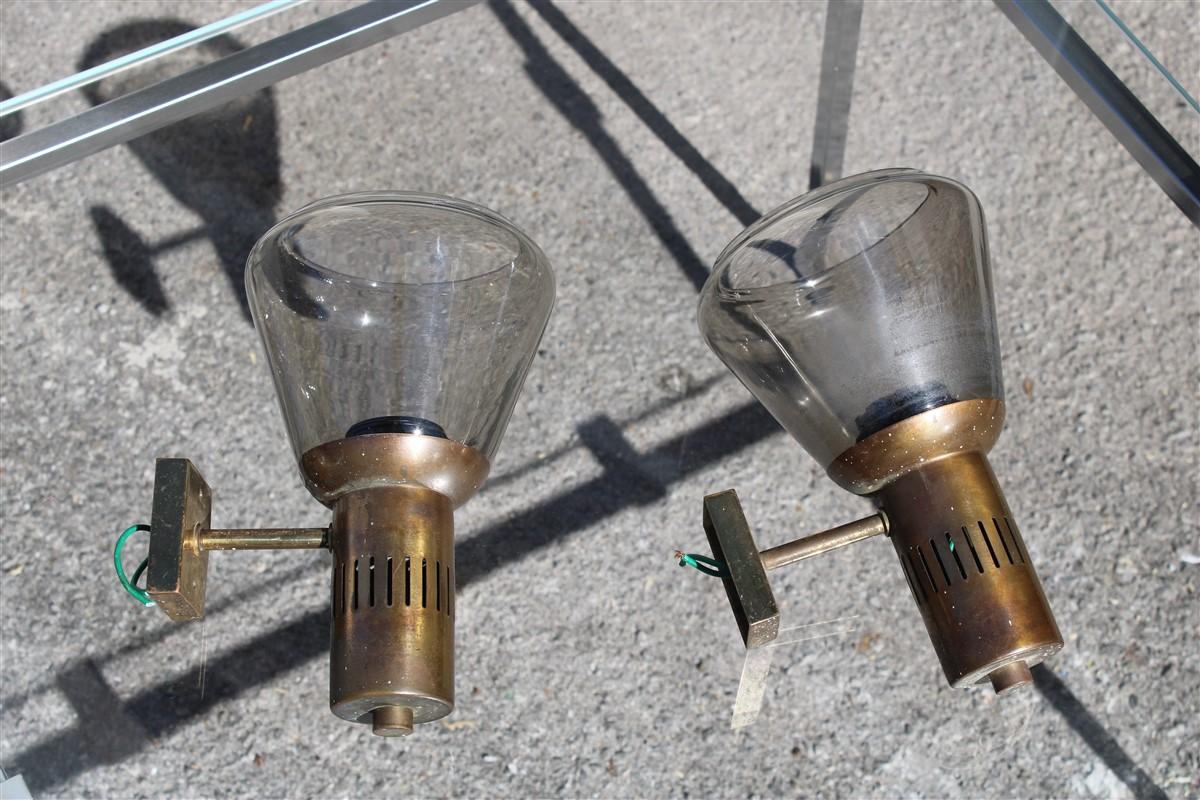 Mid-Century Modern Pair Wall Lights Mid-century Italian Design Brass parts and Murano Glass 1950s  For Sale