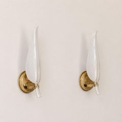 Pair Wall Lights Murano Glass Leaf Sconces Brass by Franco Luce, Italy, 1970s