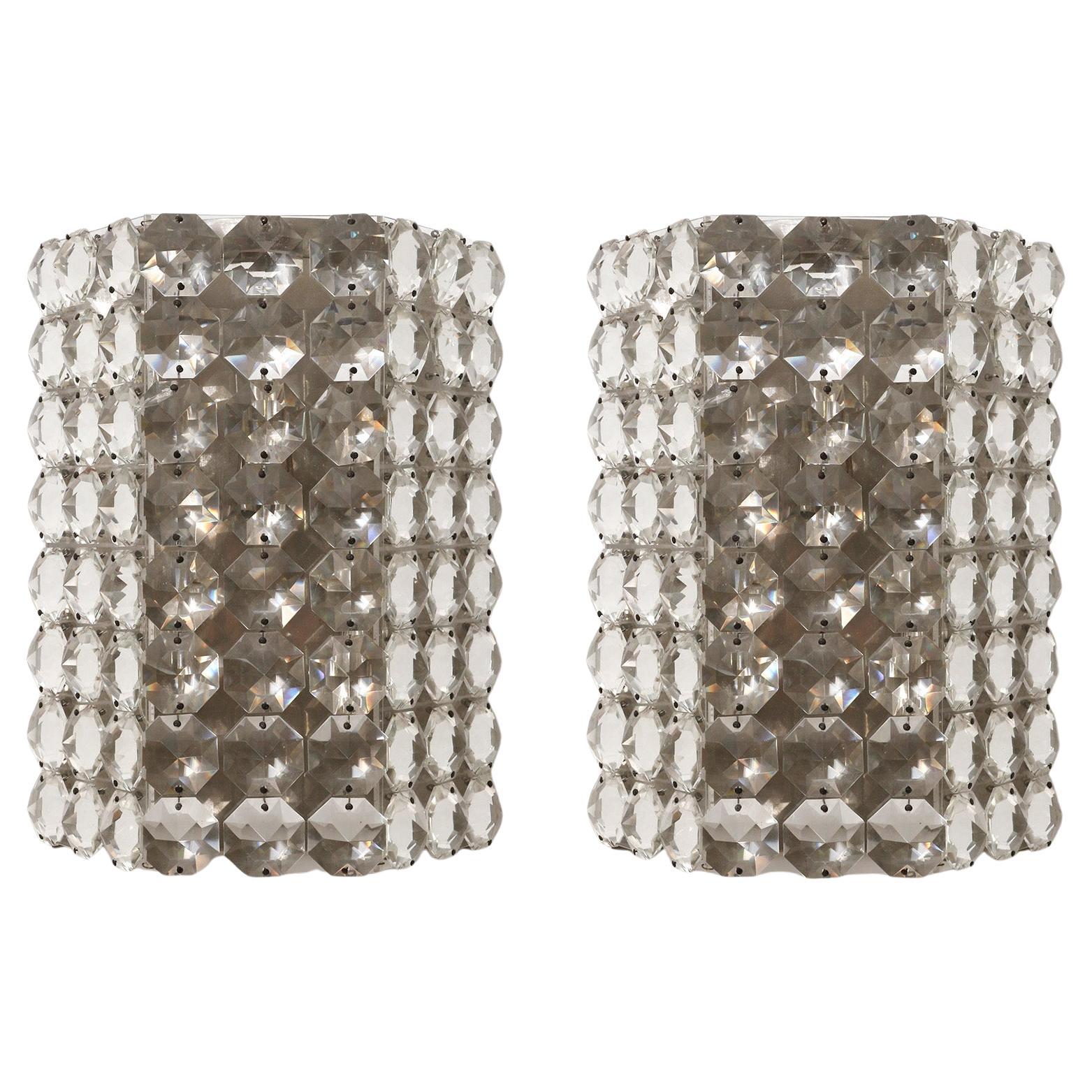 Pair Wall Lights Sconces, Bakalowits, Nickel Glass Plexiglass, Mid-Century, 1960