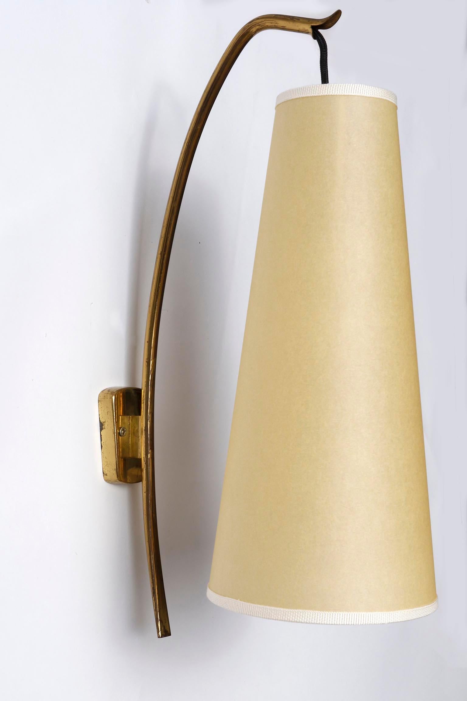 Austrian Pair Wall Lights Sconces 'Soldanella', J.T. Kalmar, Brass Parchment Shades, 1960 For Sale