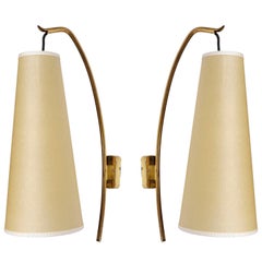 Pair Wall Lights Sconces 'Soldanella', J.T. Kalmar, Brass Parchment Shades, 1960