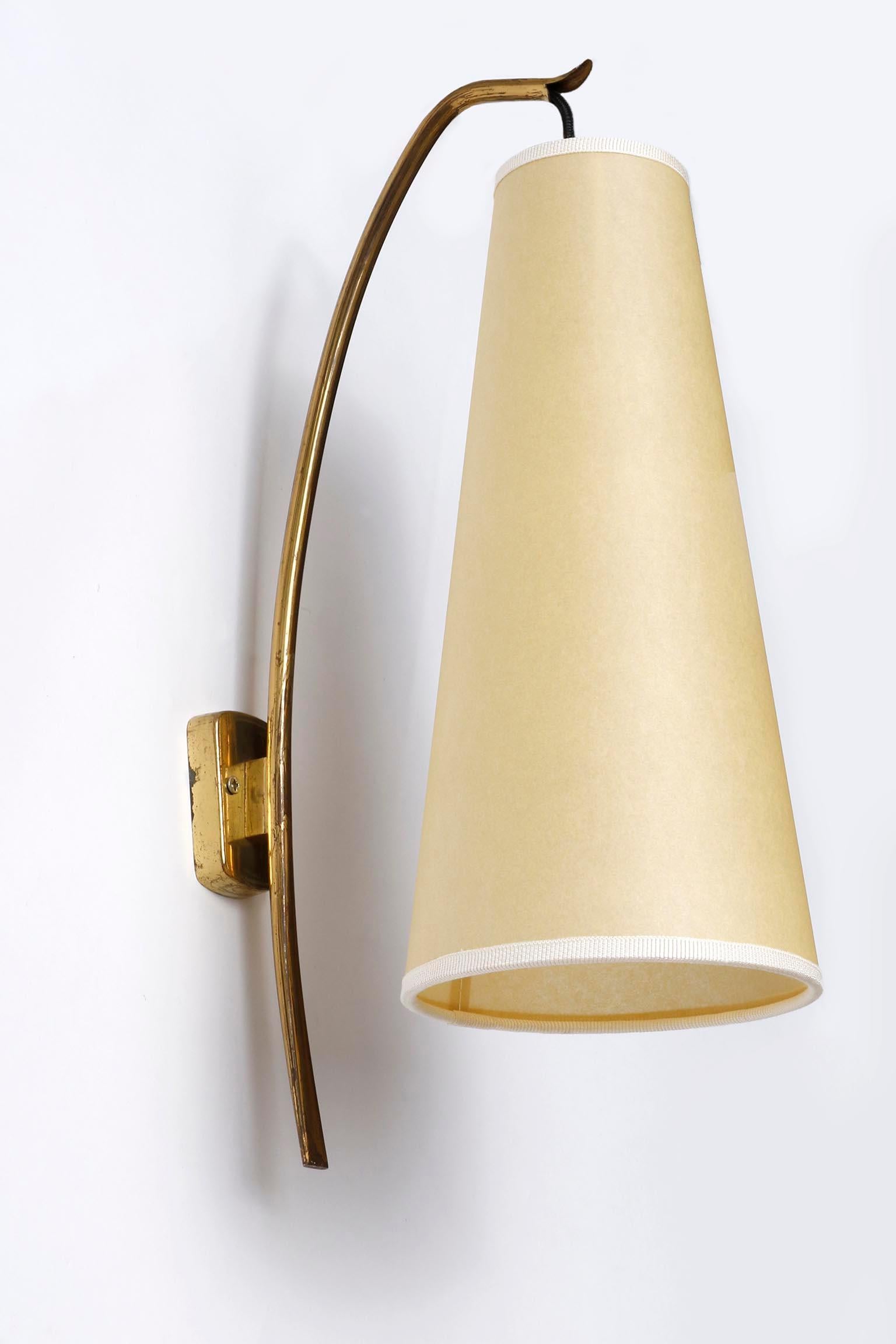Polished Pair Wall Lights Sconces 'Soldanella', J.T. Kalmar, Brass Parchment Shades, 1960 For Sale