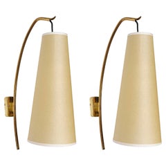 Pair Wall Lights Sconces 'Soldanella', J.T. Kalmar, Brass Parchment Shades, 1960