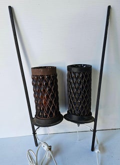 Pair Wall-Mount Iron with Heavy Mexican Caged Amber Glass Light Sconces