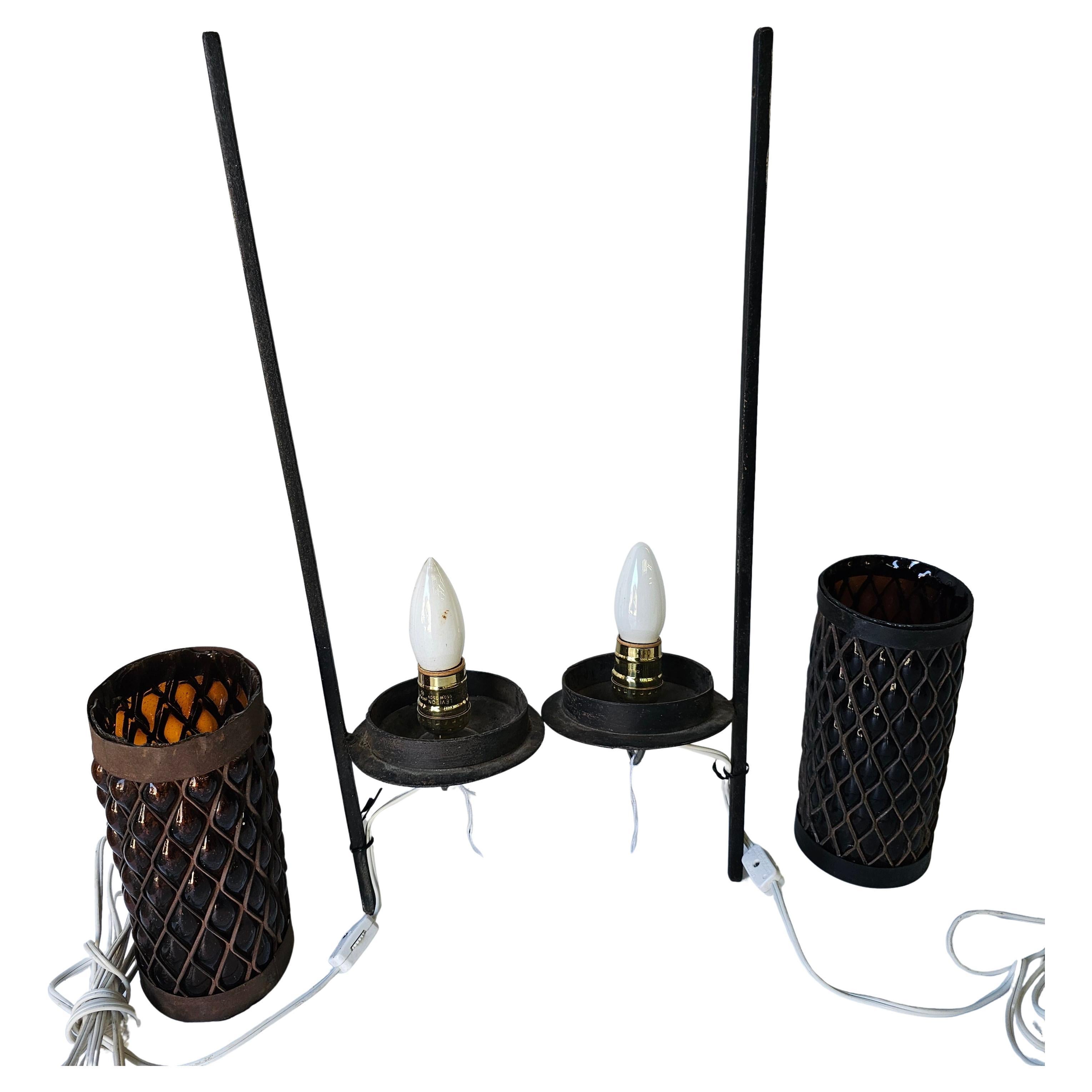 Pair Wall-Mount Iron with Heavy Mexican Caged Amber Glass Light Sconces