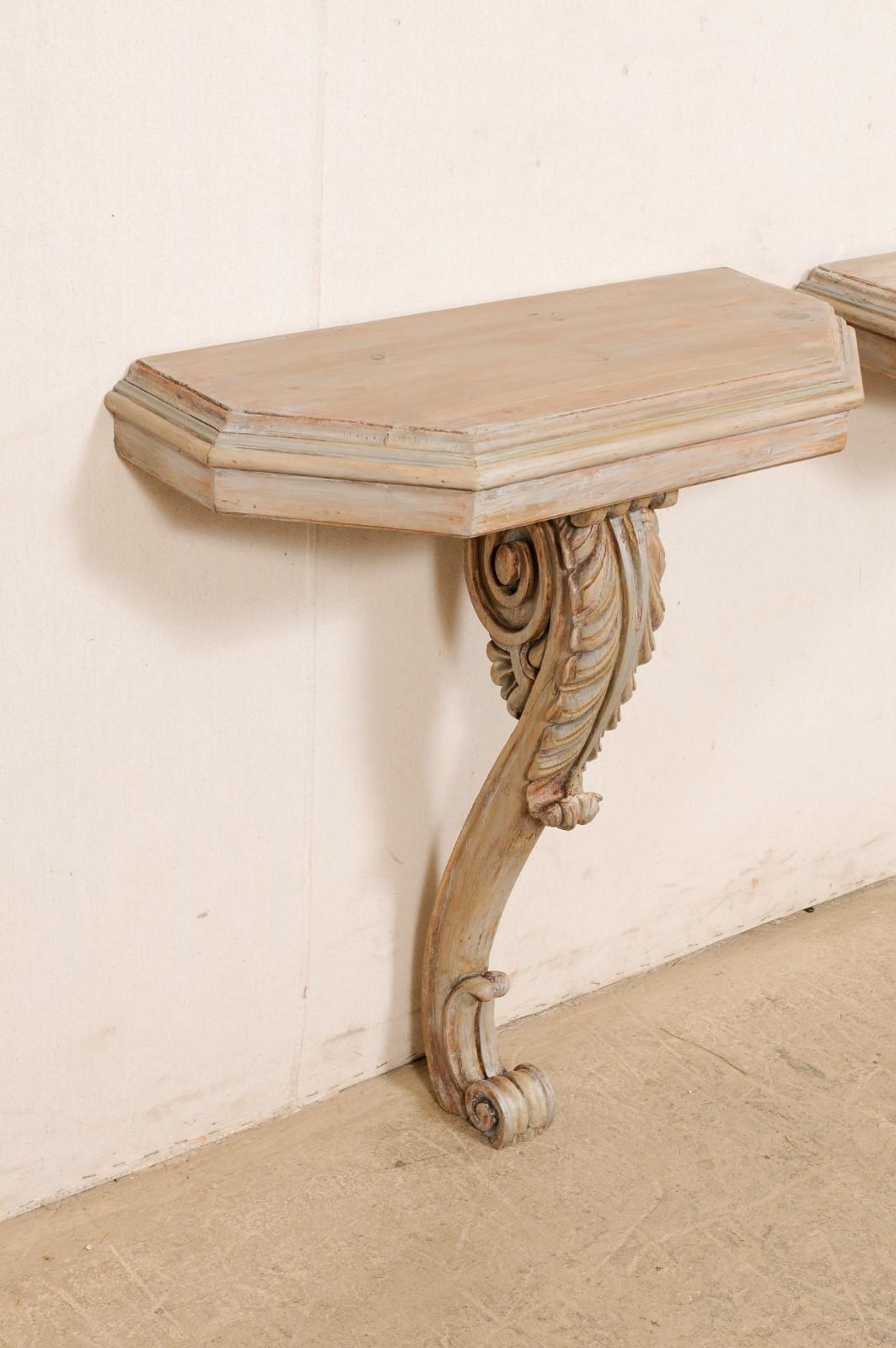 20th Century Pair Wall Mounted Consoles 'or Display Shelves' w/ Scrolling-Leaf Carved Legs