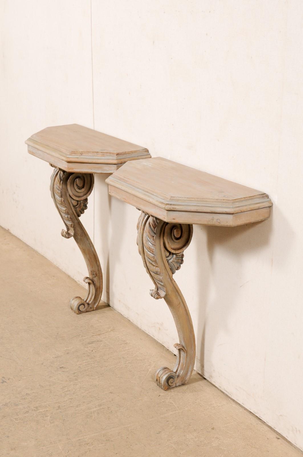 Wool Pair Wall Mounted Consoles 'or Display Shelves' w/ Scrolling-Leaf Carved Legs