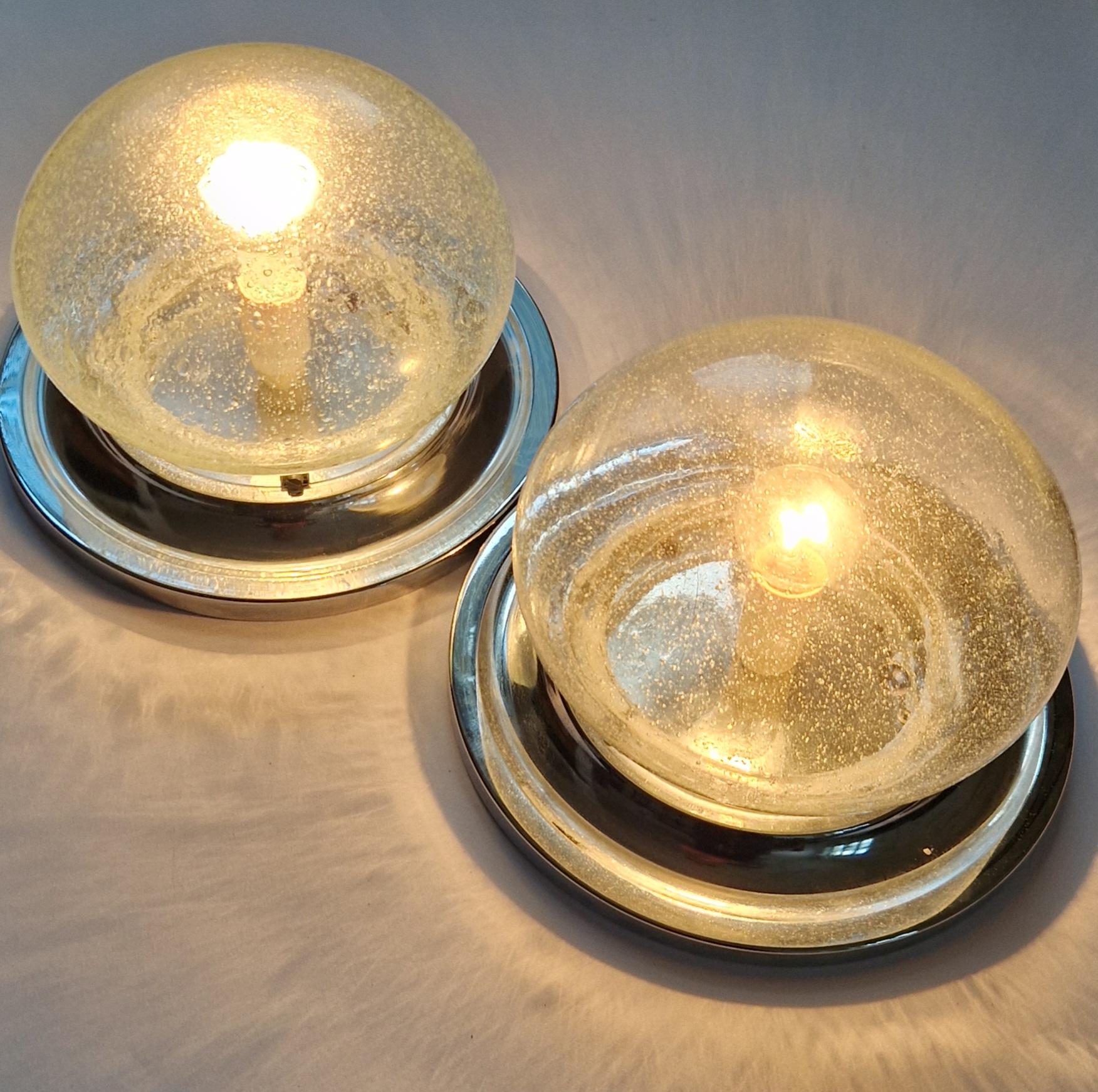 Glass Pair Wall or Ceiling Lamps, Flush Mount, Karl Lenz, Germany, 1970s For Sale