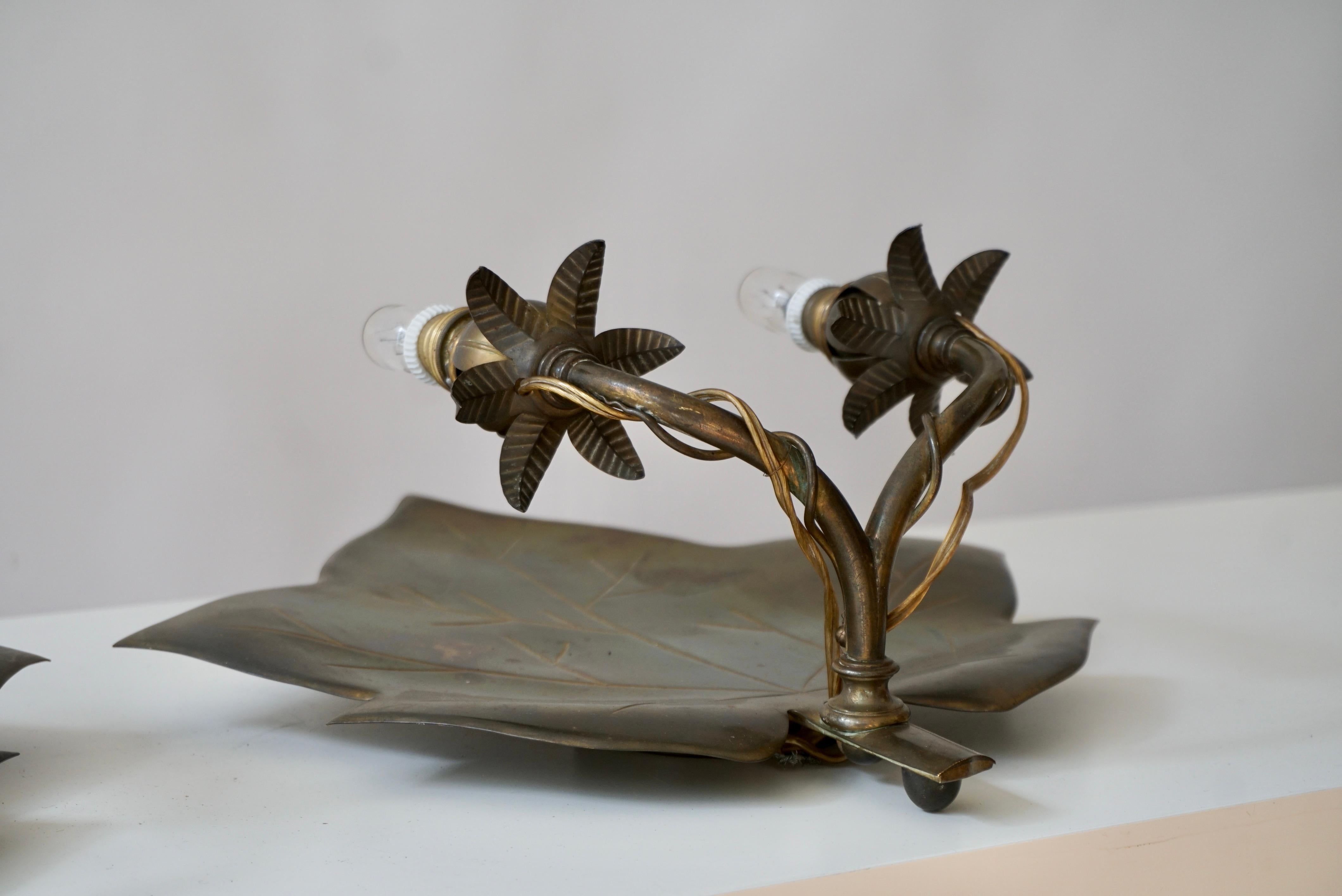 Brass Pair Wall Sconces in the Shape of Leaves For Sale