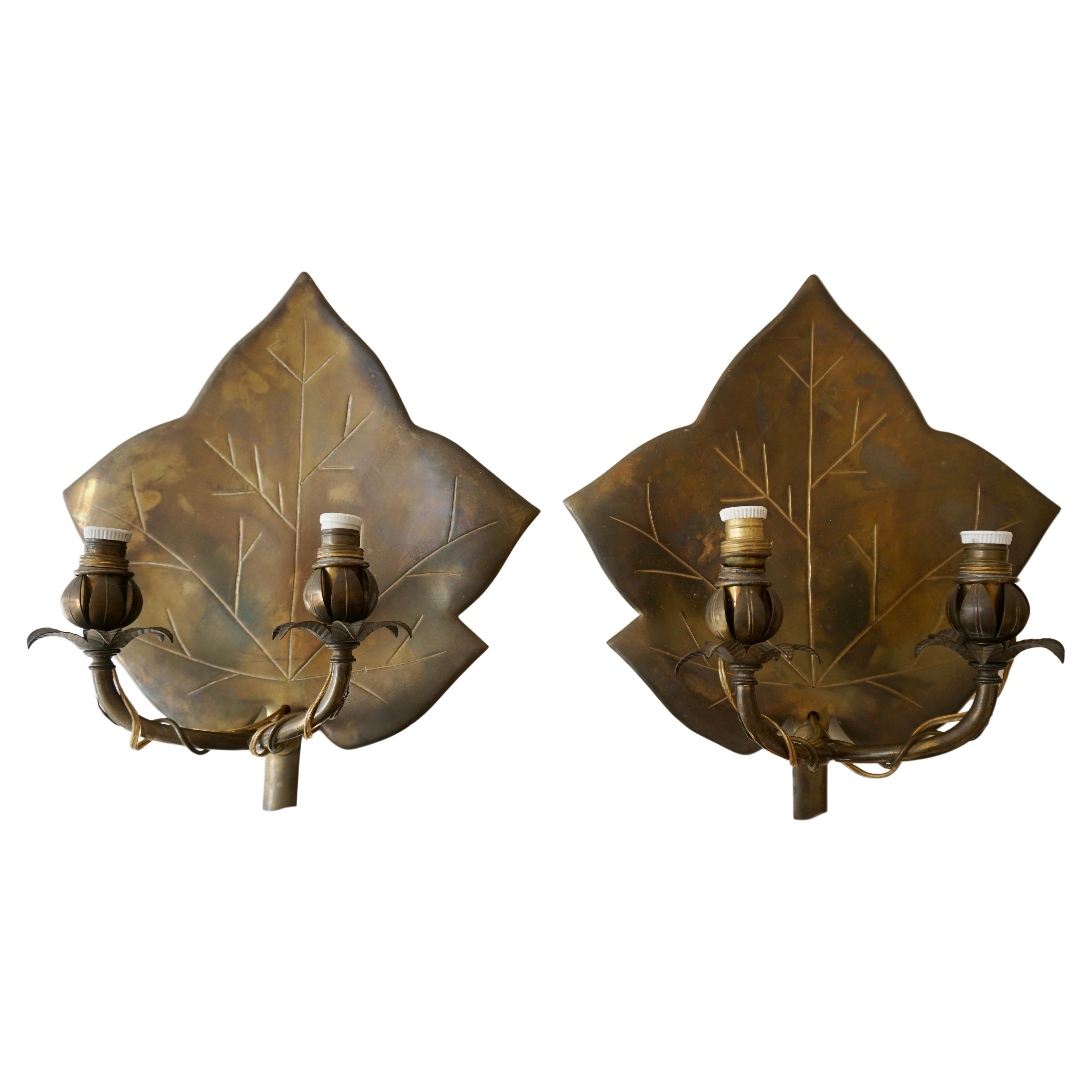 Pair Wall Sconces in the Shape of Leaves For Sale