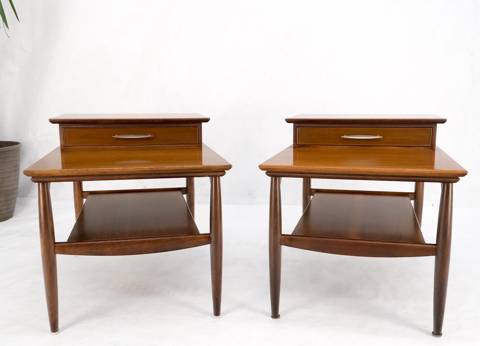 Pair walnut American Mid-Century Modern one drawer step end tables stands mint!