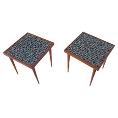 Pair Walnut and Ceramic Tile-Top Tables in the Style of Martz