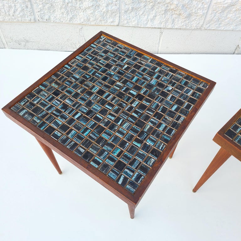 Pair Walnut and Ceramic TileTop Tables in the Style of Martz For Sale