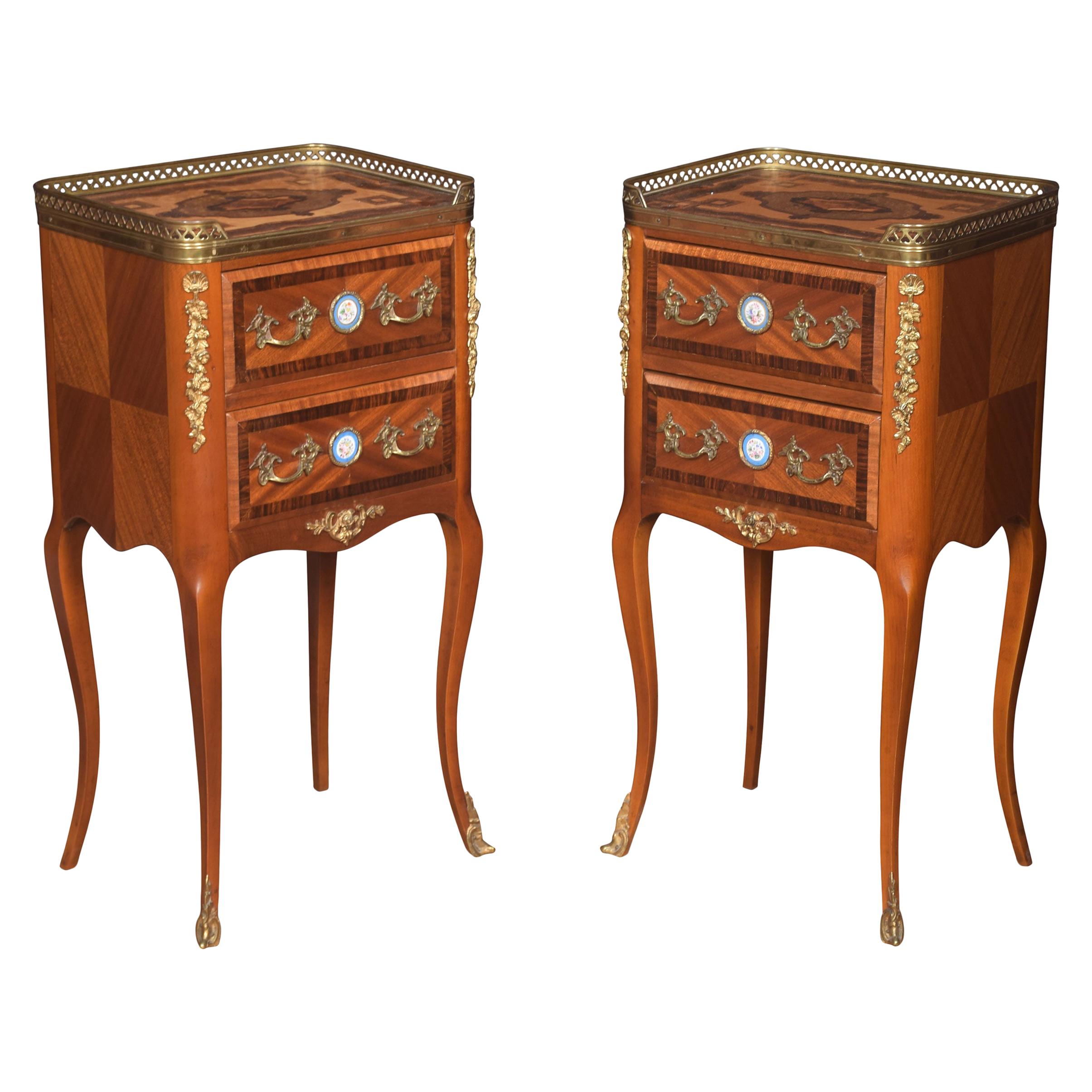 Pair Walnut and Gilt Metal Bedside Cabinets