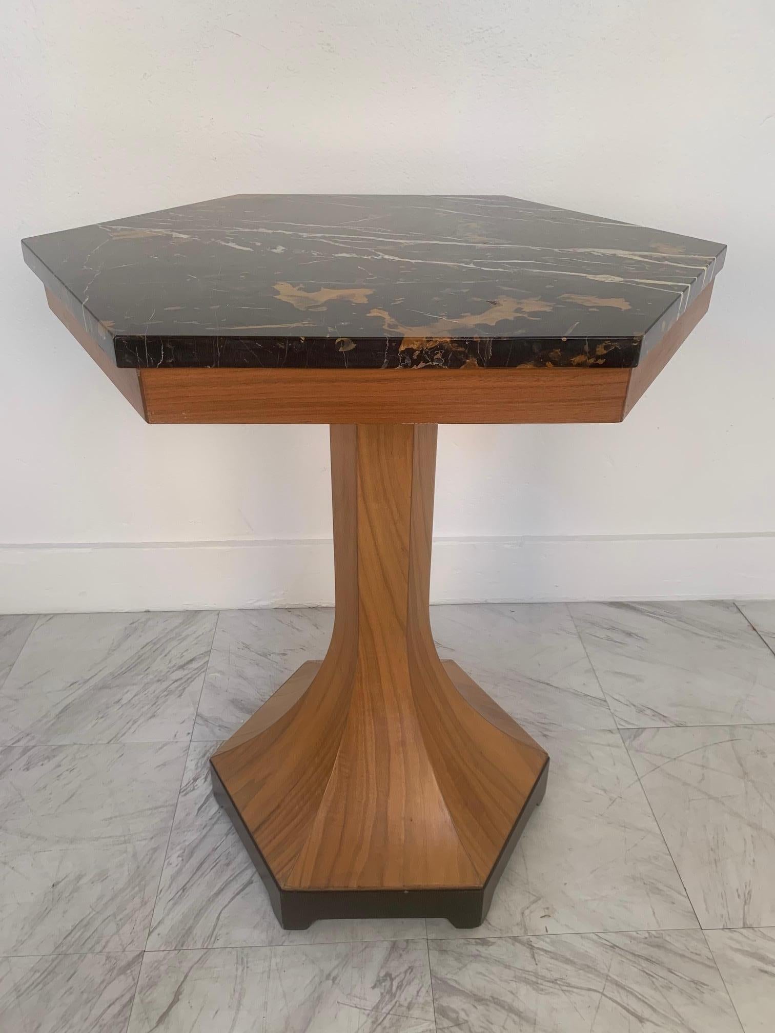 Mid-Century Modern Pair Walnut and Marble-Top Pedestal Tables For Sale