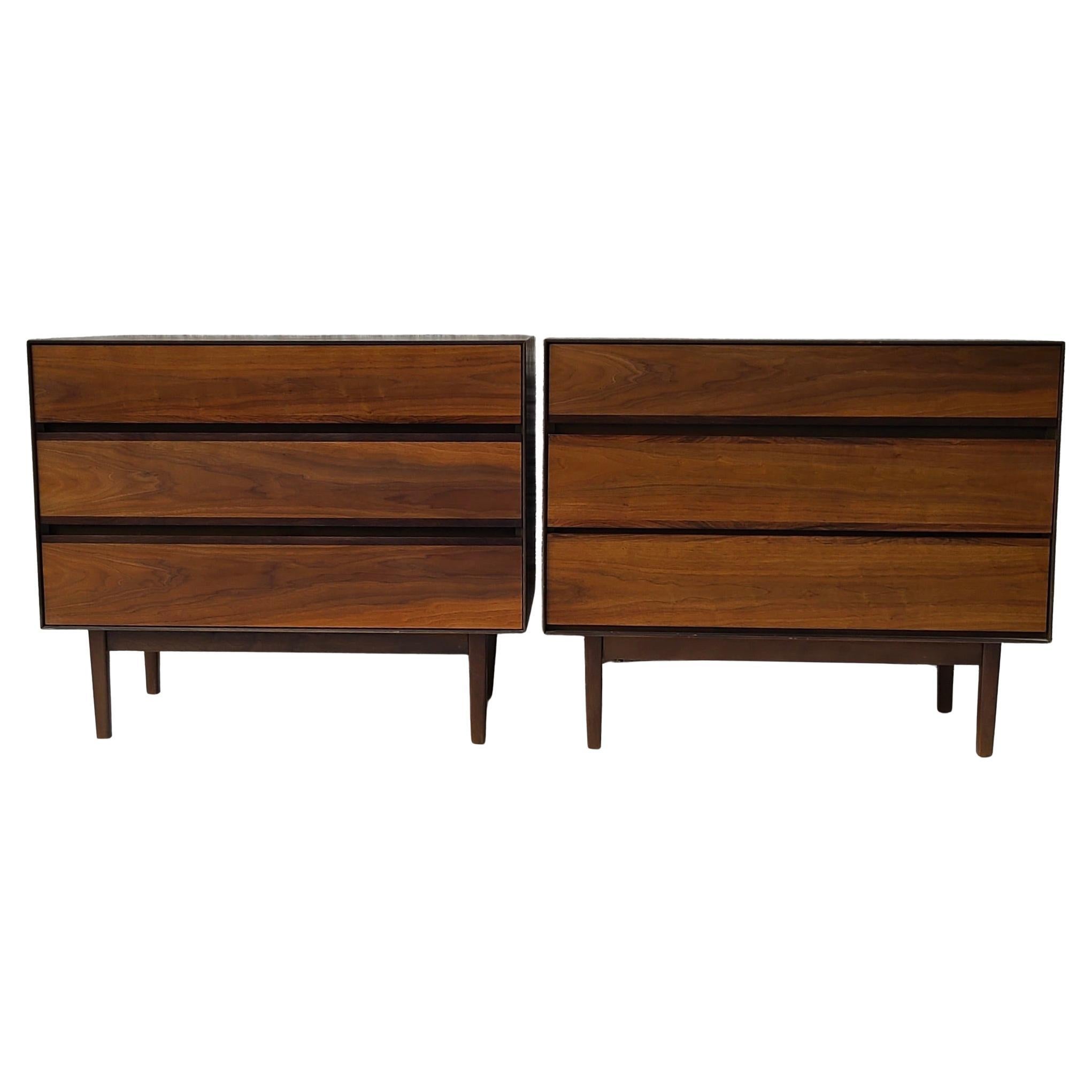 Mid-20th Century Pair Walnut and Rosewood 3 Drawer Chests by Stanley For Sale