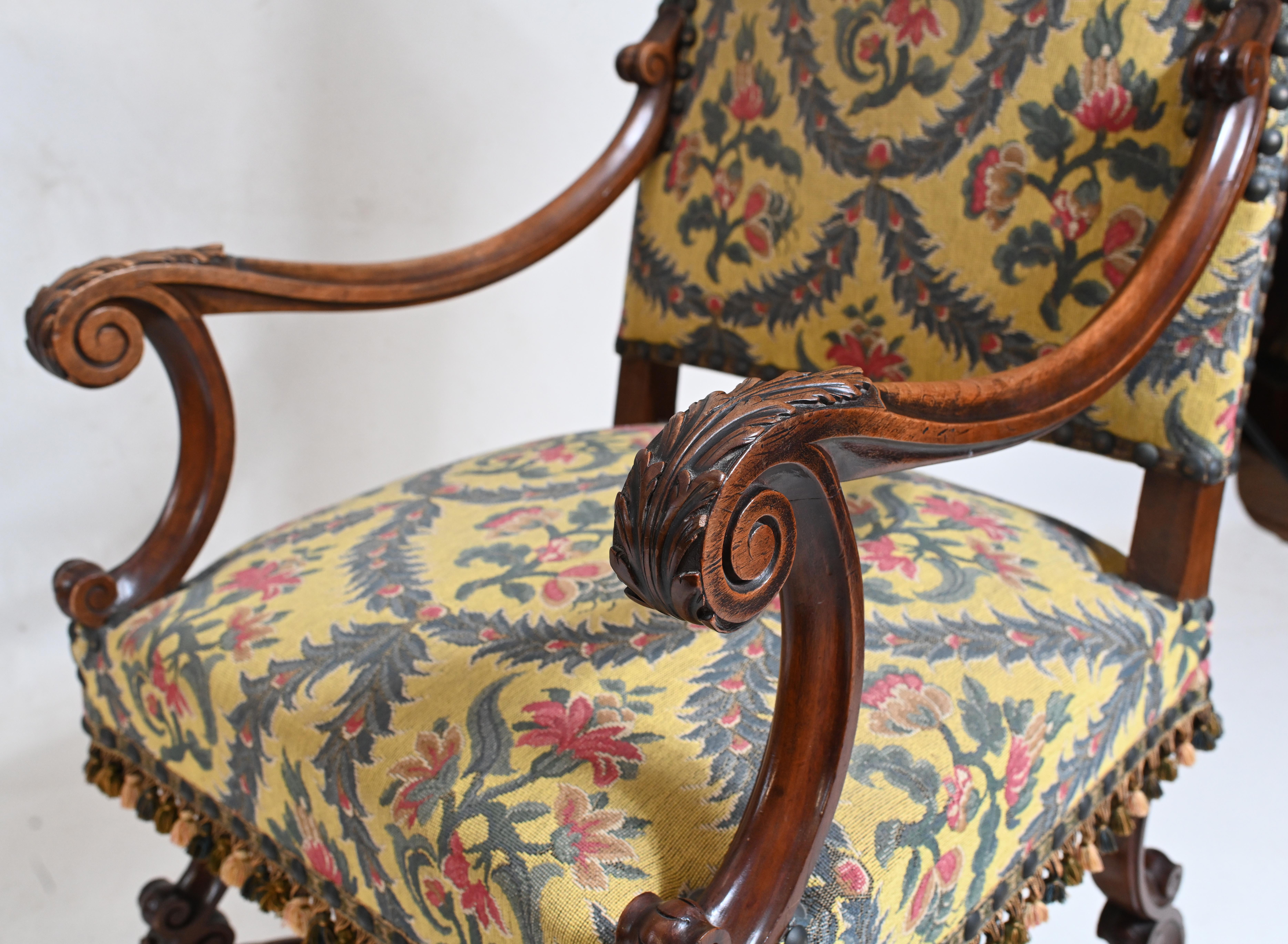Pair Walnut Arm Chairs Carved Cromwellian Farmhouse 3