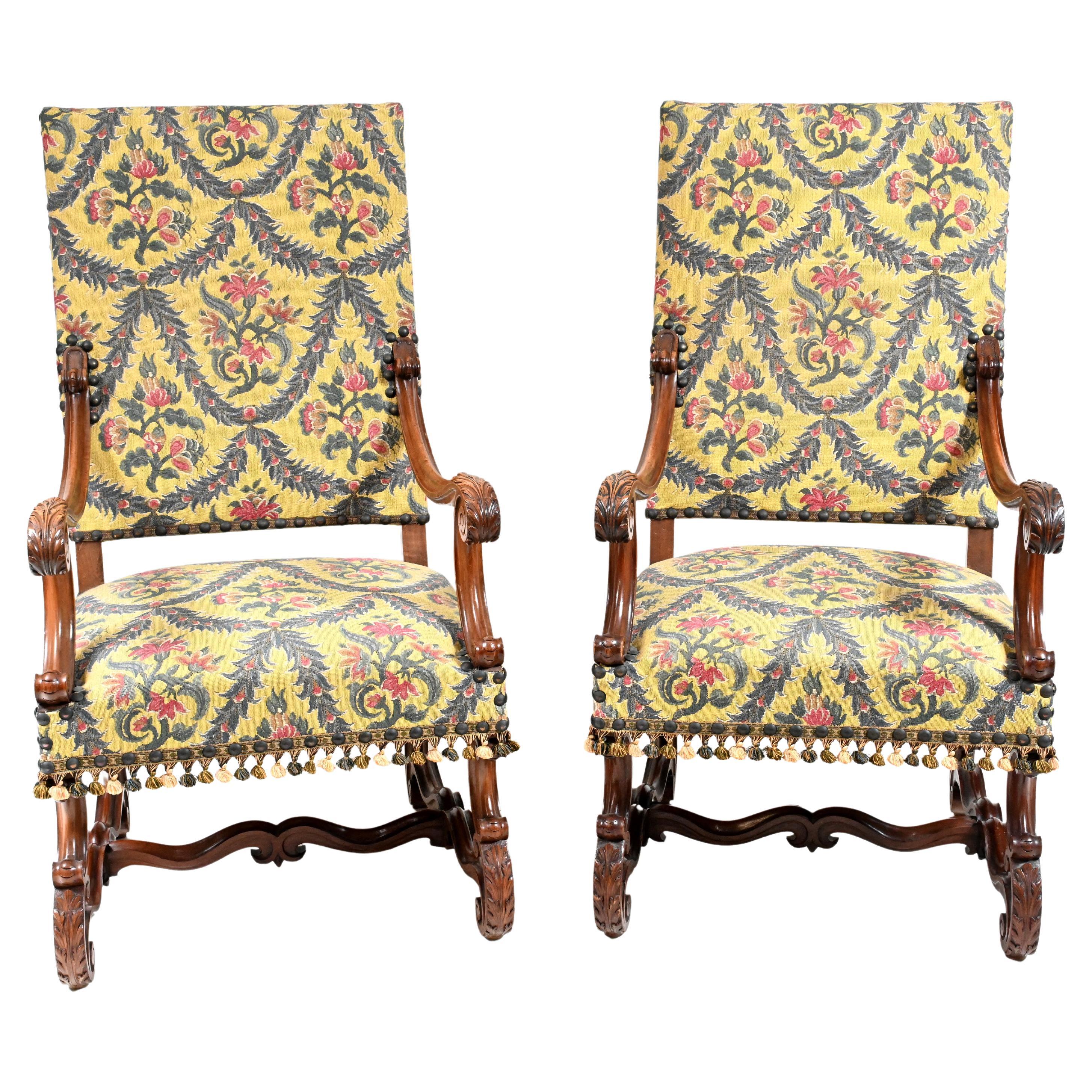 Pair Walnut Arm Chairs Carved Cromwellian Farmhouse