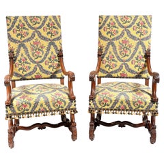 Pair Walnut Arm Chairs Carved Cromwellian Farmhouse