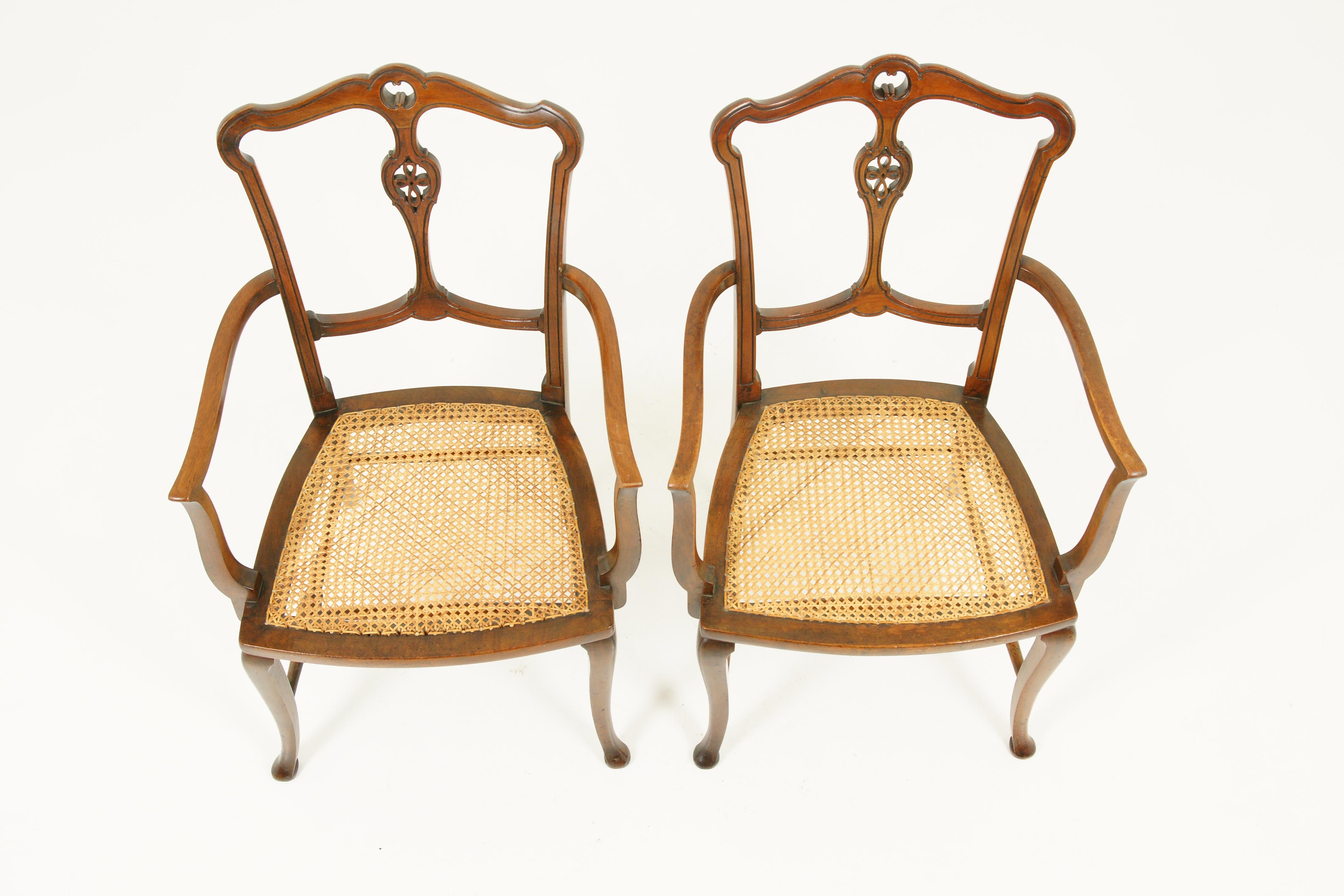 Hand-Crafted Antique Walnut Armchairs, Pair of Armchairs, Caned Seats, Scotland 1920, B1700