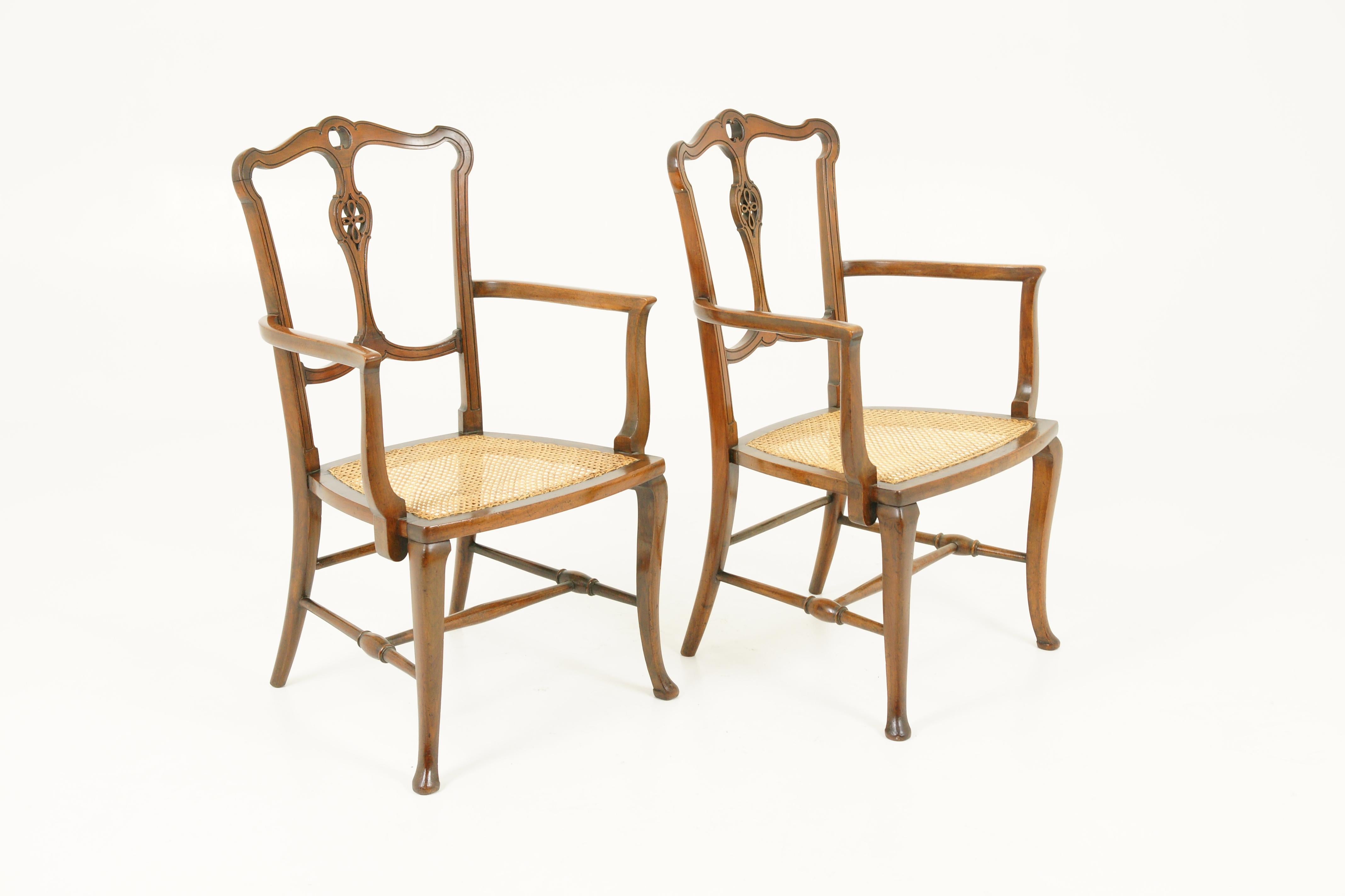 Antique Walnut Armchairs, Pair of Armchairs, Caned Seats, Scotland 1920, B1700 In Good Condition In Vancouver, BC