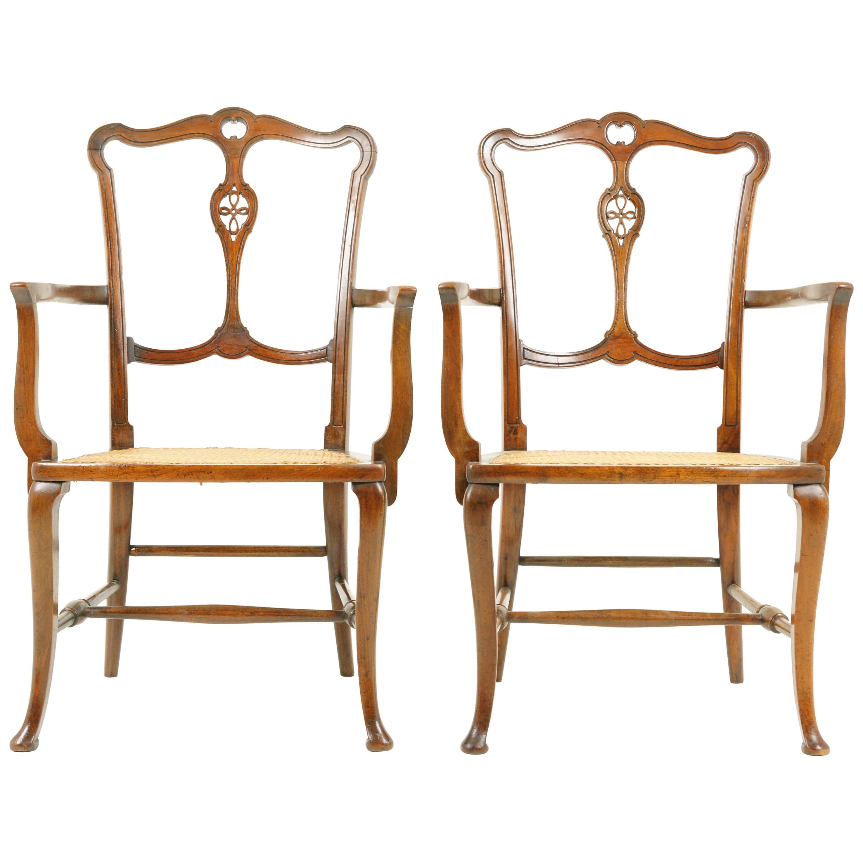 Antique Walnut Armchairs, Pair of Armchairs, Caned Seats, Scotland 1920, B1700