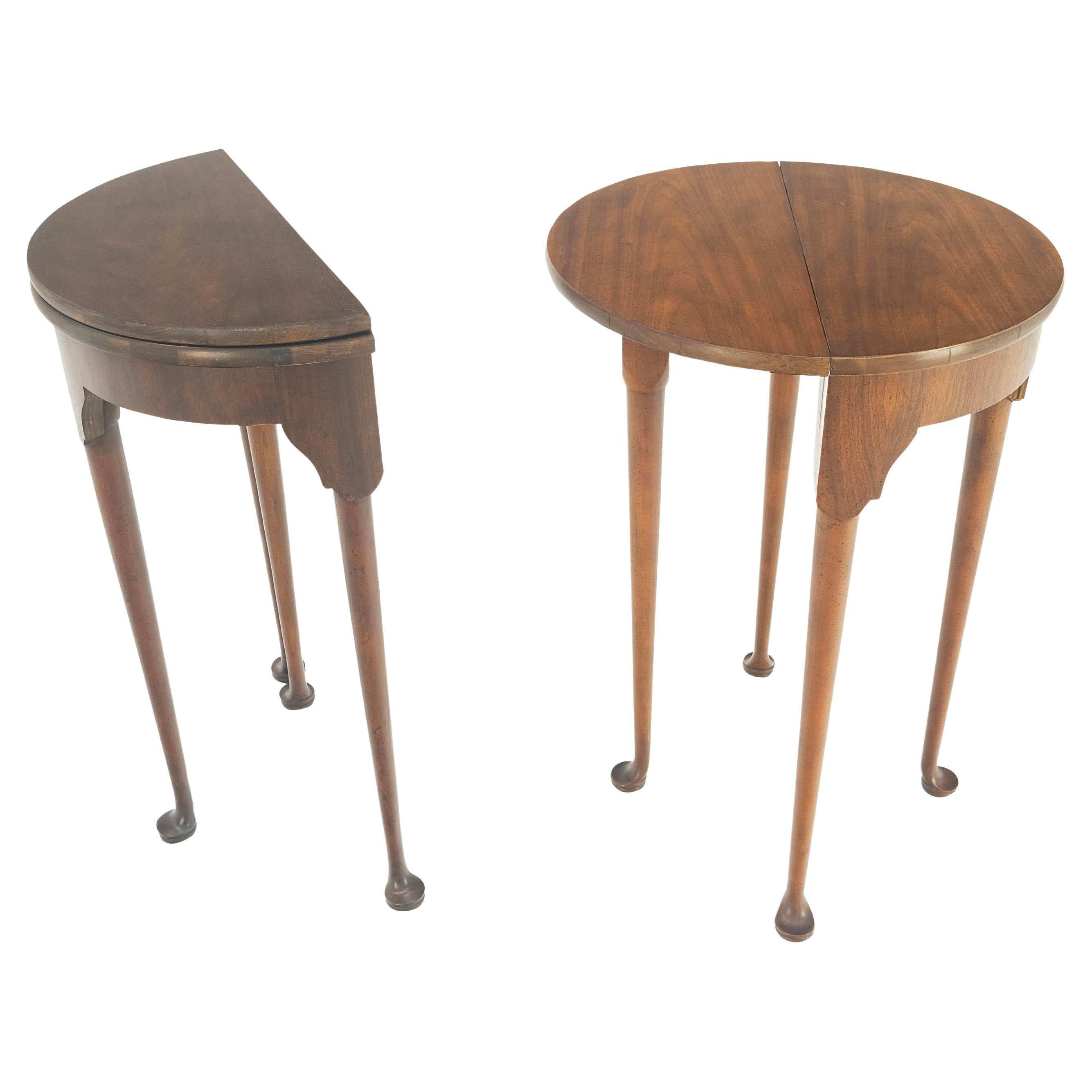 Pair Walnut Baker Demilune Flip Top Round End Side Console Occasional Table MINT In Good Condition For Sale In Rockaway, NJ