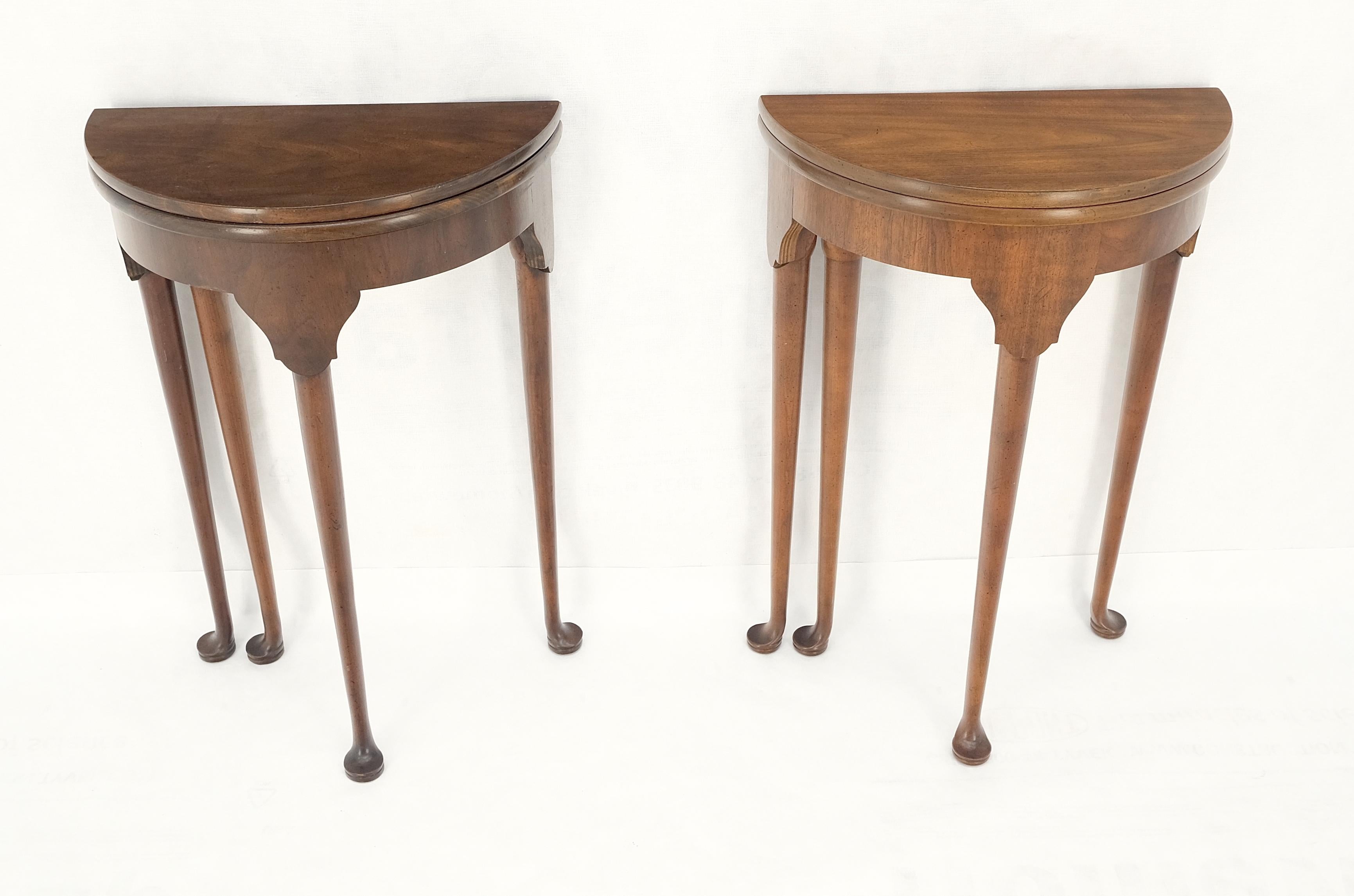 Pair Walnut Baker Demilune Flip Top Round End Side Console Occasional Table MINT For Sale 1